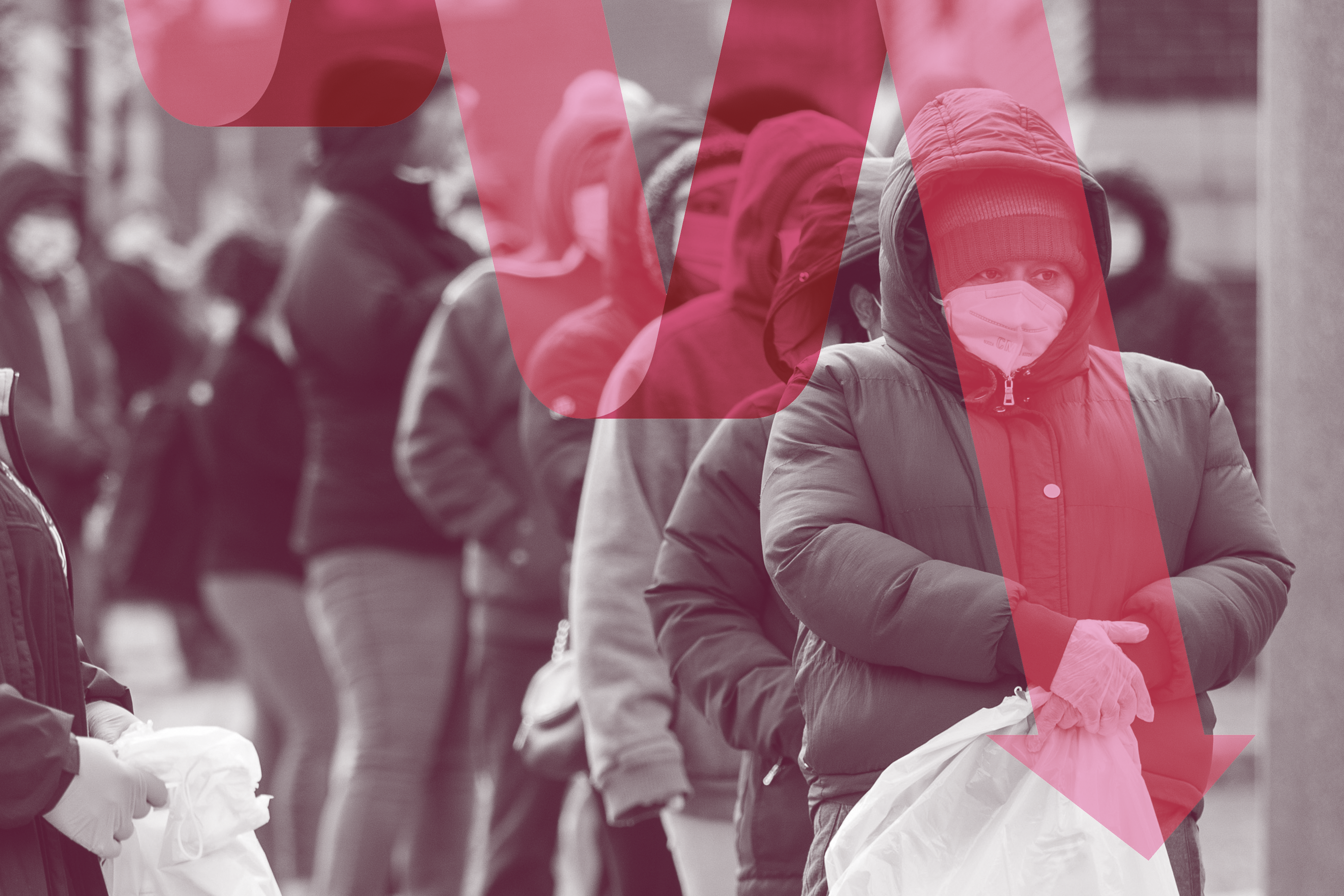 Photograph of people standing in line in the cold