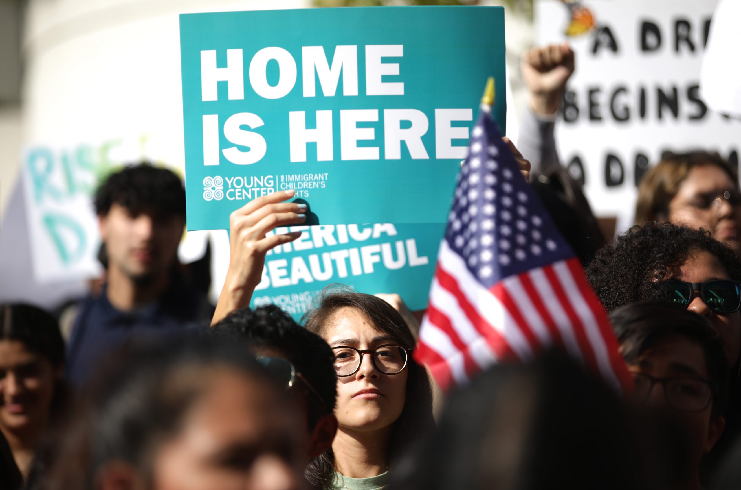 LOS ANGELES, CALIFORNIA - NOVEMBER 12: Students and supporters rally in support of DACA recipients on the day the Supreme Court hears arguments in the Deferred Action for Childhood Arrivals (DACA) case on November 12, 2019 in Los Angeles, California. Hundreds of students walked out of their schools to protest and rally in defense of DACA and immigrant rights. (Photo by Mario Tama/Getty Images)