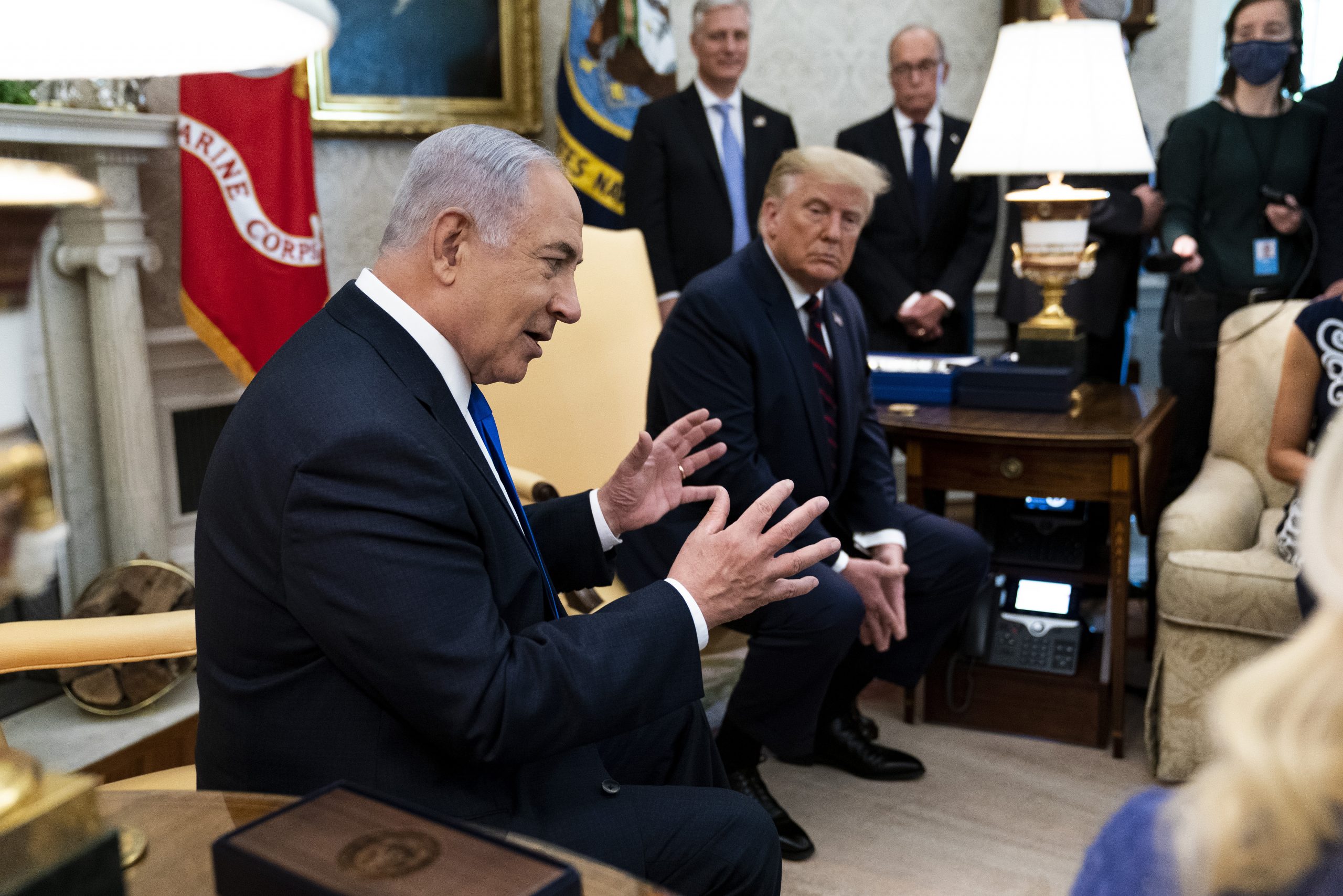 WASHINGTON, DC - SEPTEMBER 15: U.S. President Donald Trump and Prime Minister of Israel Benjamin Netanyahu participate in a meeting in the Oval Office of the White House September 15, 2020 in Washington, DC. Netanyahu is in Washington to participate in the signing ceremony of the Abraham Accords.  (Photo by Doug Mills/Pool/Getty Images)