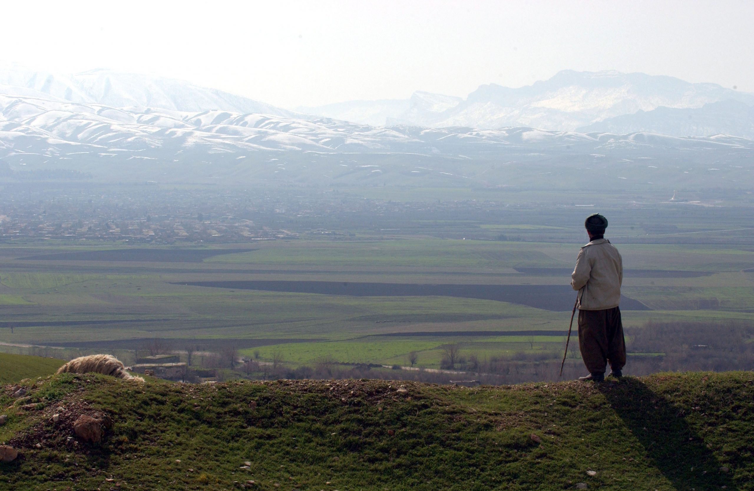 HALABJA, IRAQ - FEBRUARY 24:  A shepherd stands looking out towards the mountains where a mass grave site of most of the victims of the March 16, 1988 chemical attacks on Halabja are buried February 24, 2004 in Halabja, Iraq. In Halabja, approximately 5,000 innocent civilians, mostly women and children (75 percent), immediately perished due to chemical attacks committed allegedly by the Iraqi regime. The chemical attacks were said to have involved mustard gas, nerve agents and possibly cyanide. The attack on Halabja took place amidst the infamous al-Anfal campaign, in which former Iraqi Dictator Saddam Hussein is alleged to have brutally repressed yet another of the Kurdish revolts during the Iran-Iraq war at the time.  (Photo by Marco Di Lauro/Getty Images)