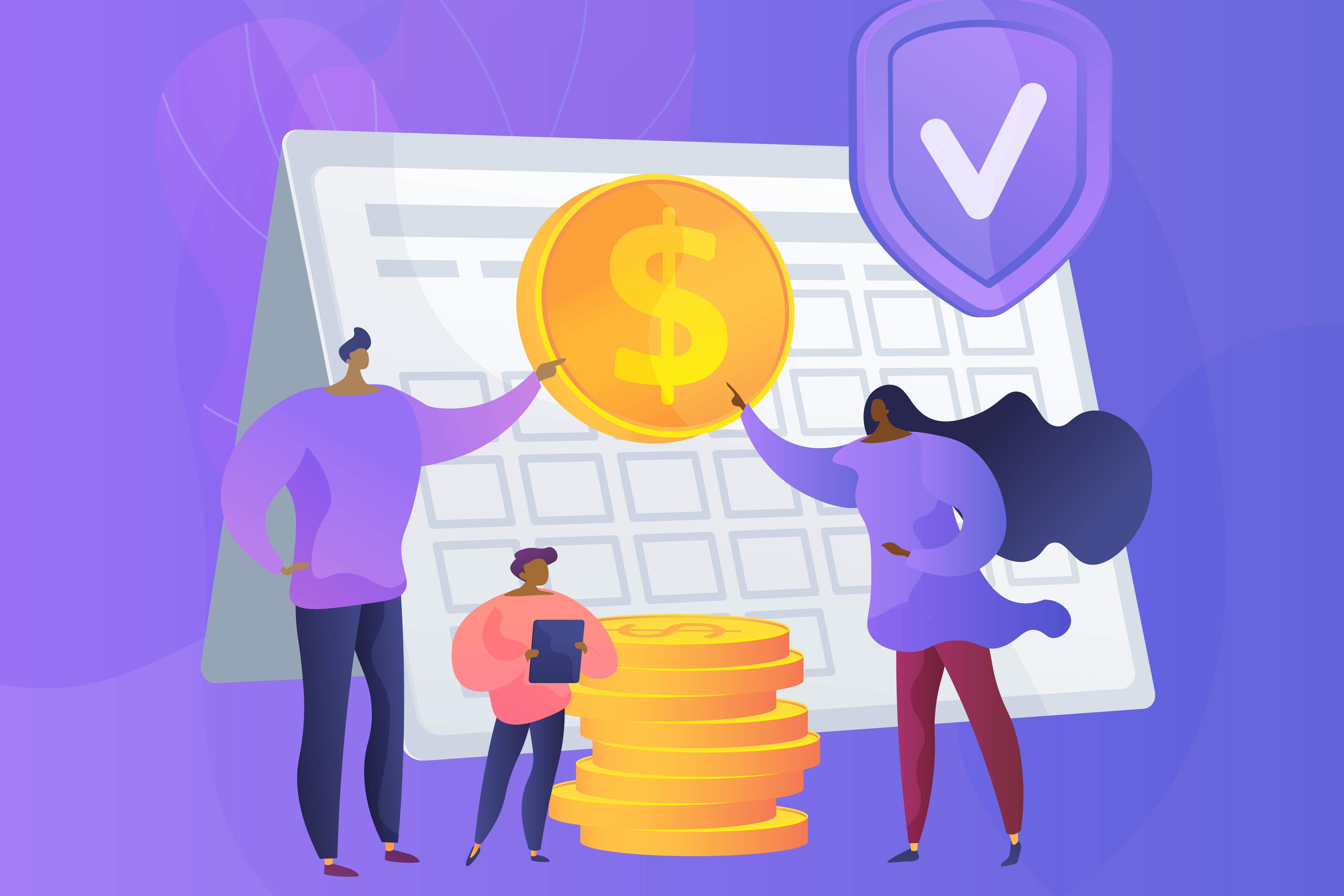 a group of people stacking coins in front of a computer screen