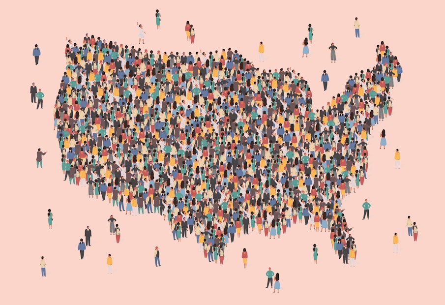 a large group of people standing in the shape of the united states