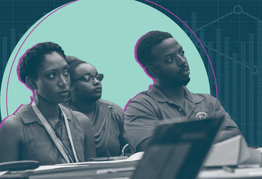 a group of people sitting at a table in front of a laptop