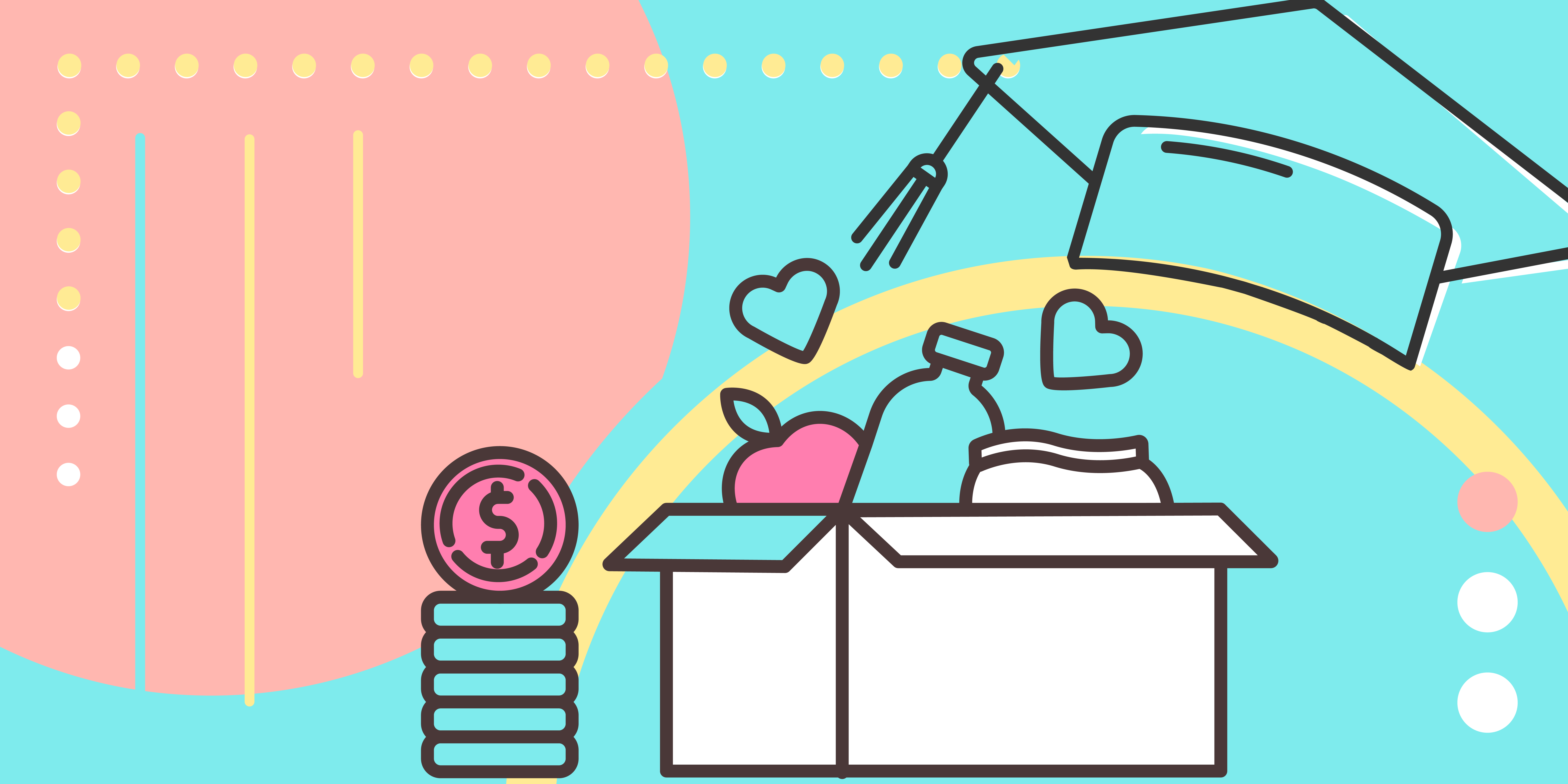 an illustration of a graduation cap and money coming out of a box