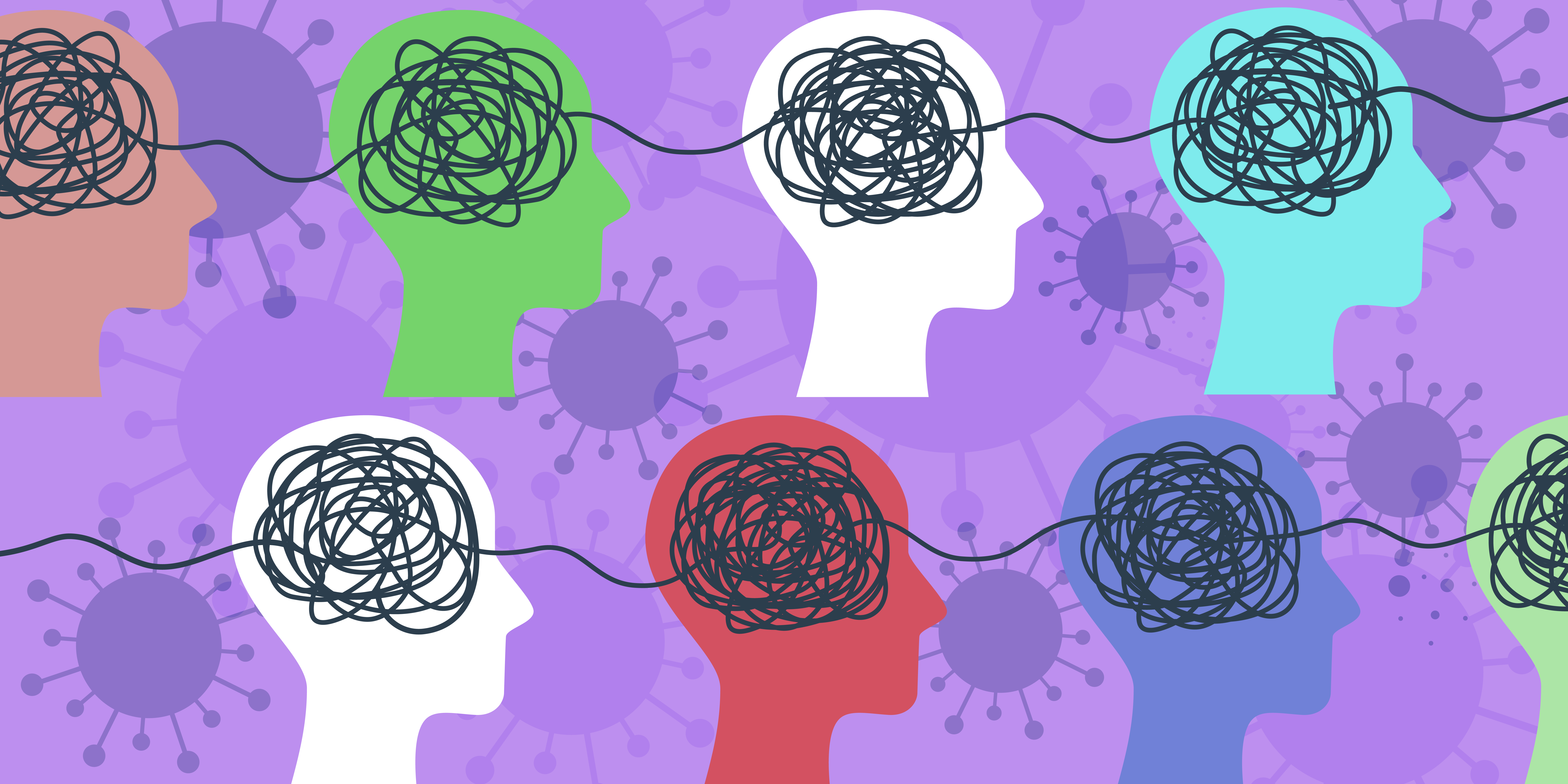 Graphic of peoples heads with jumbled threads for brains