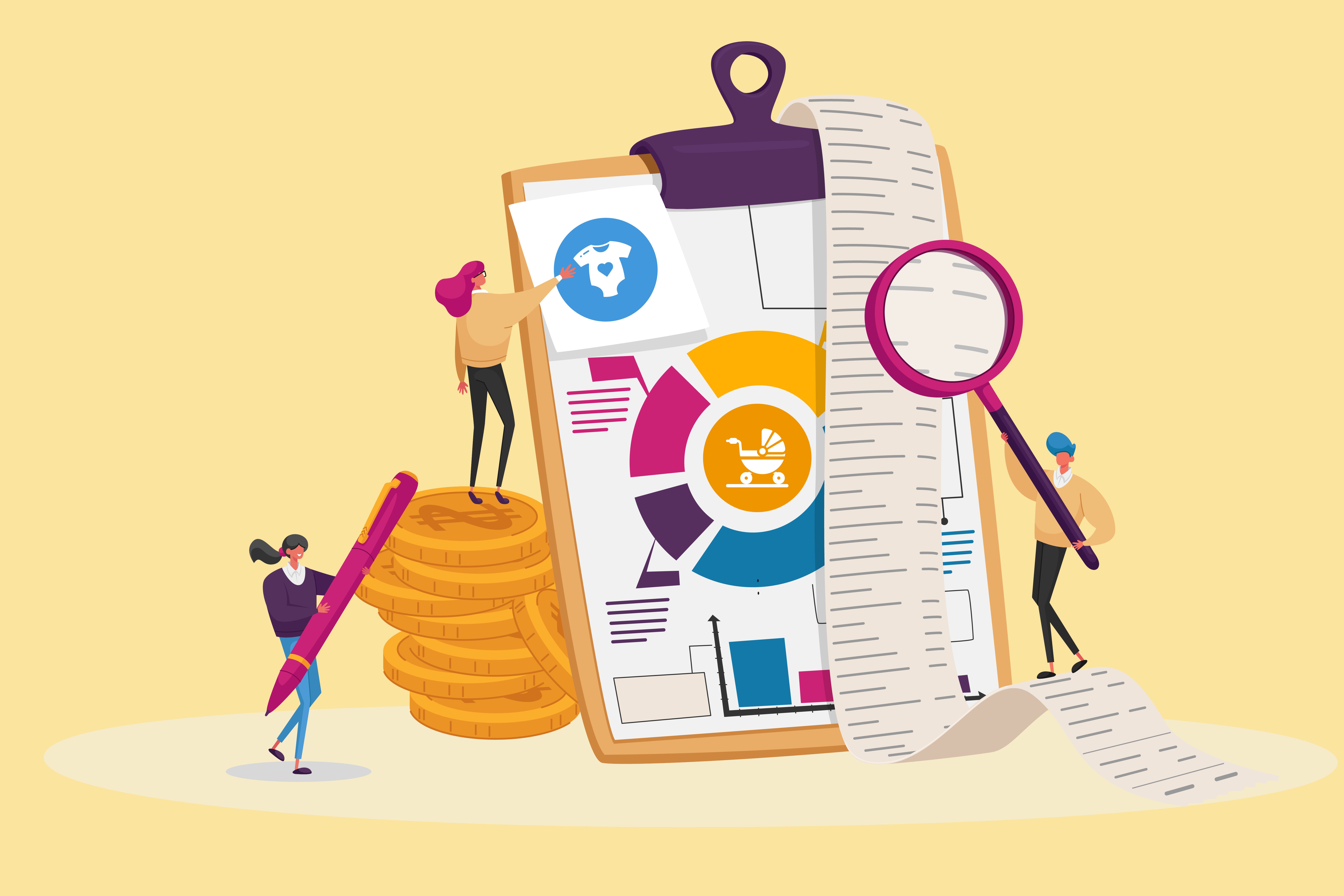 A vector graphic of a clipboard with reciepts and other data