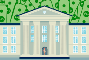 Graphic of a educational institution with money in the background