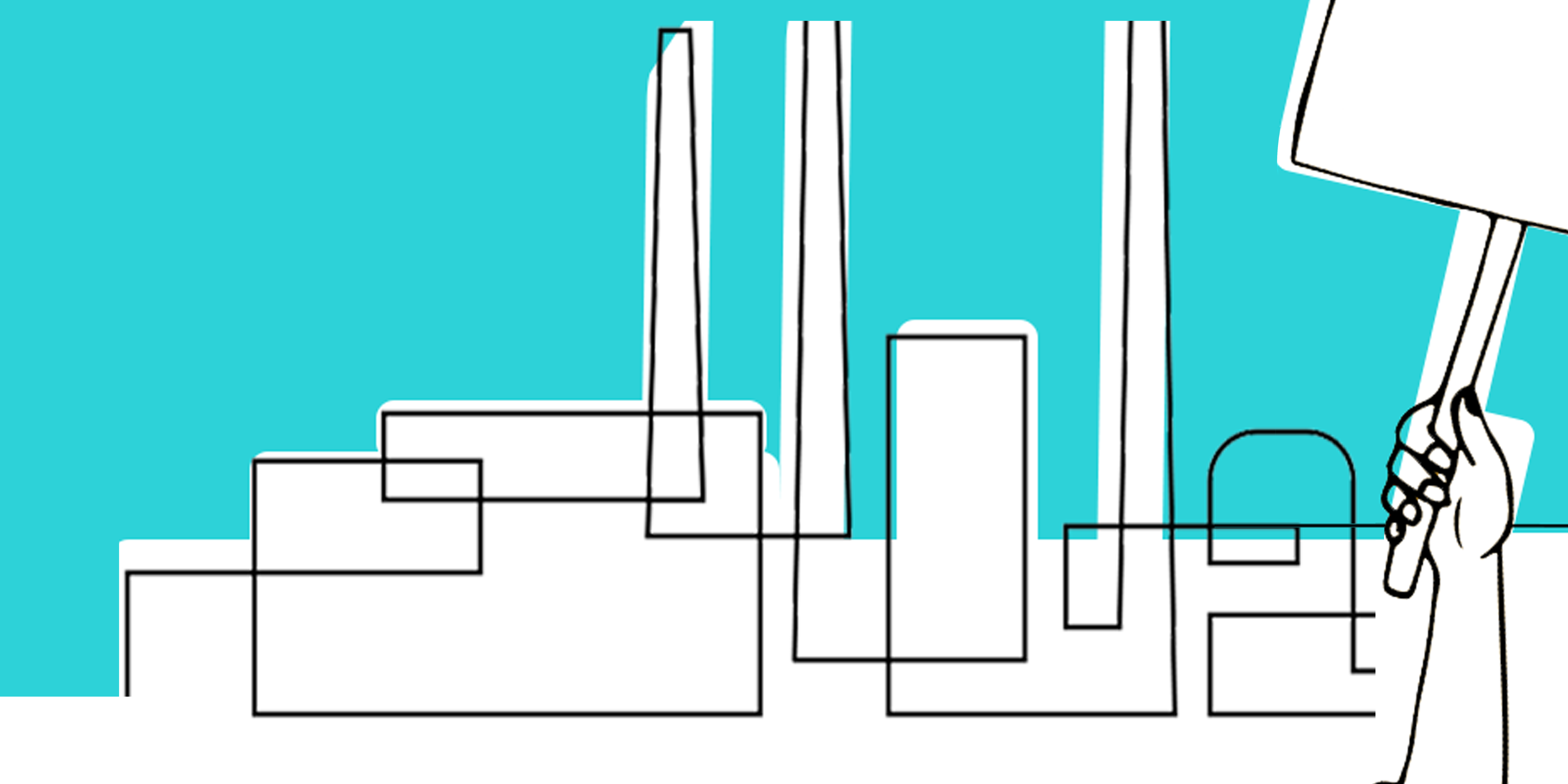 A graphic illustration of a person holding a sign in front of a factory.