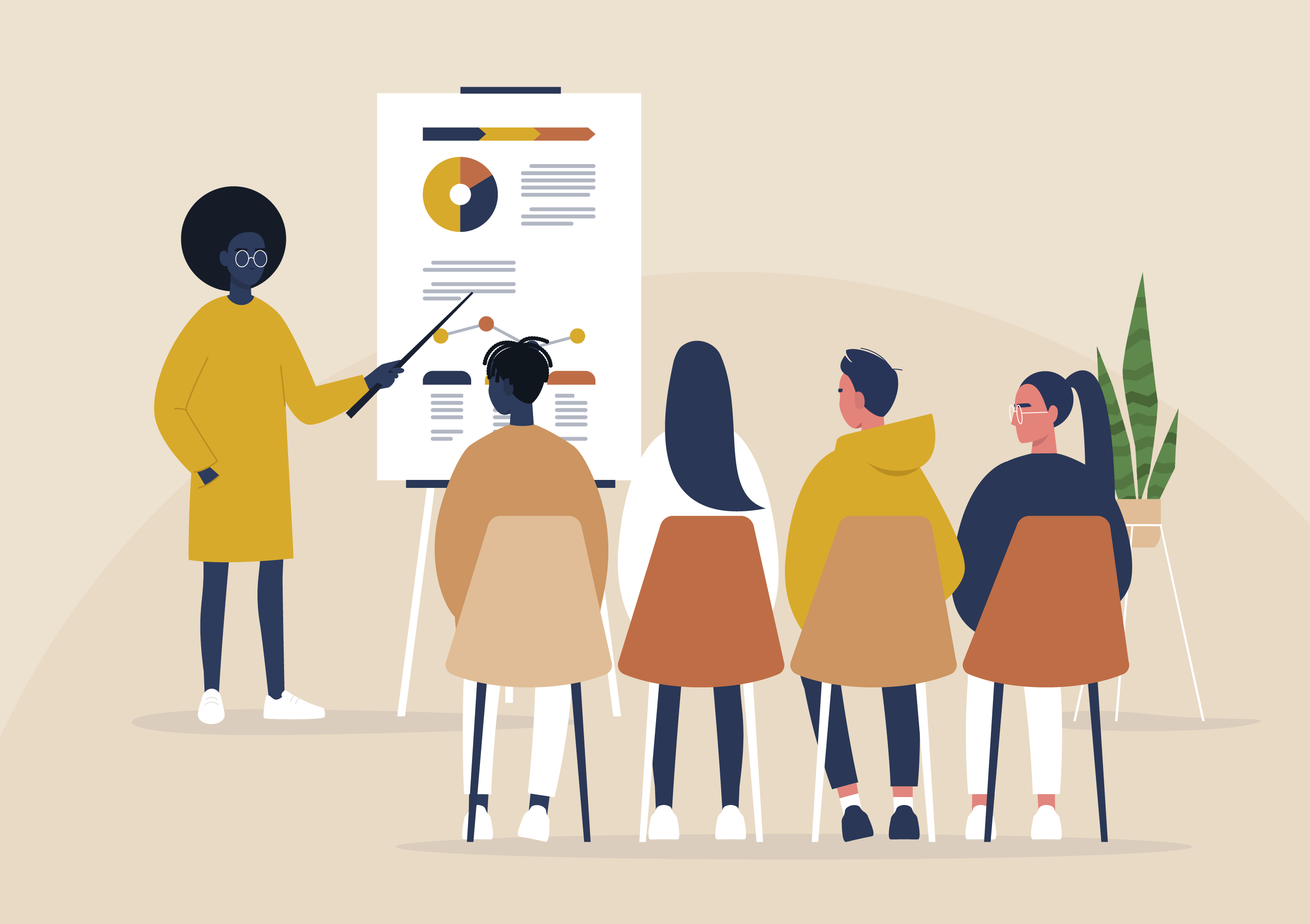 Vector graphic of people conducting a training. People sitting in a chair watching a lecture.