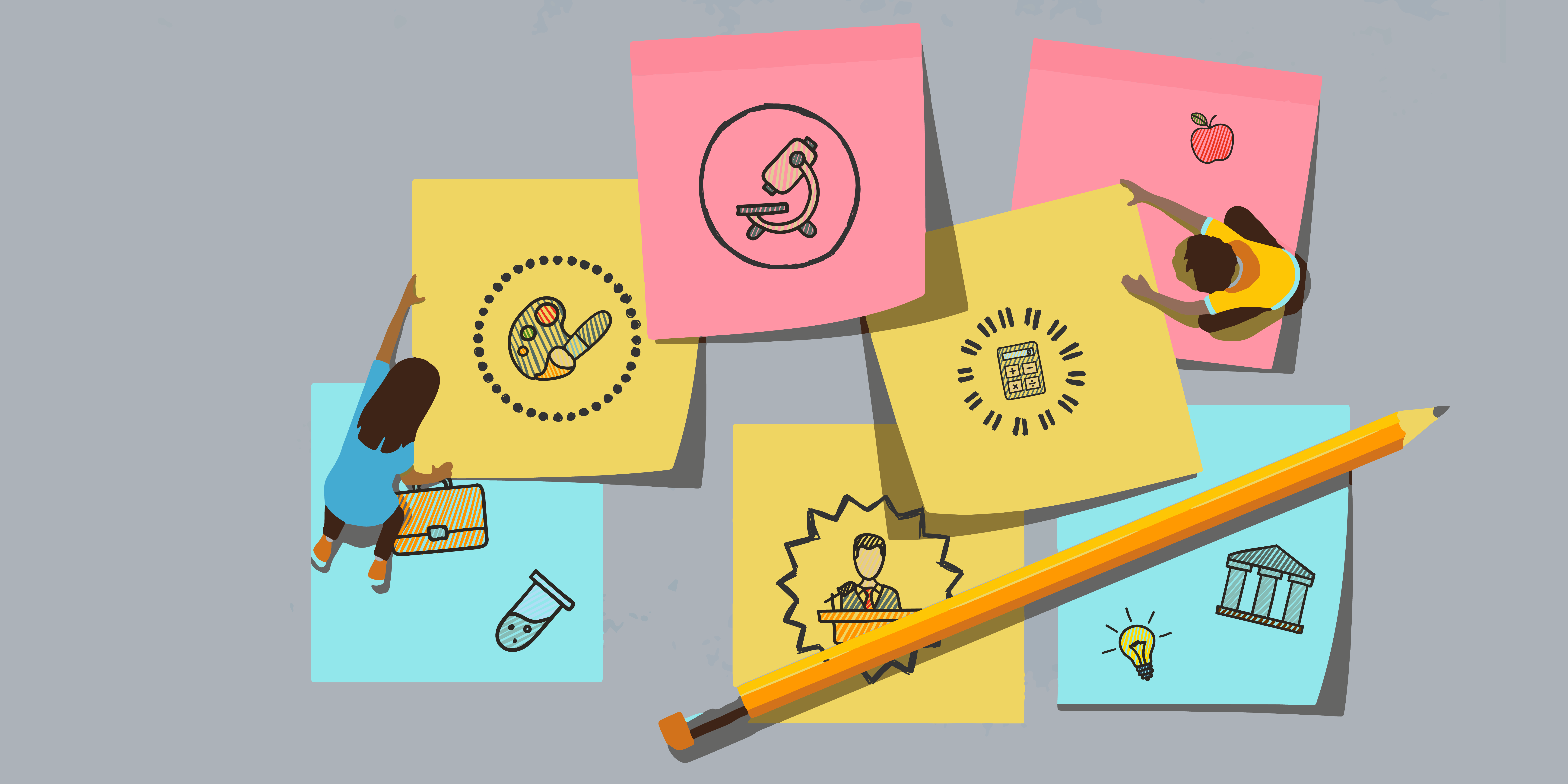 a child is drawing on sticky notes with a pencil