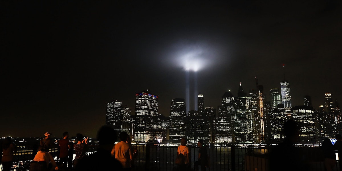 NEW YORK, NY - SEPTEMBER 11: The 'Tribute in Light' memorial lights up lower Manhattan near One World Trade Center on September 11, 2018 in New York City. The tribute at the site of the World Trade Center towers has been an annual event in New York since March 11, 2002.Throughout the country services are being held to remember the 2,977 people who were killed in New York, the Pentagon and rural Pennsylvania in the terrorist attacks on September 11, 2001. (Photo by Spencer Platt/Getty Images)