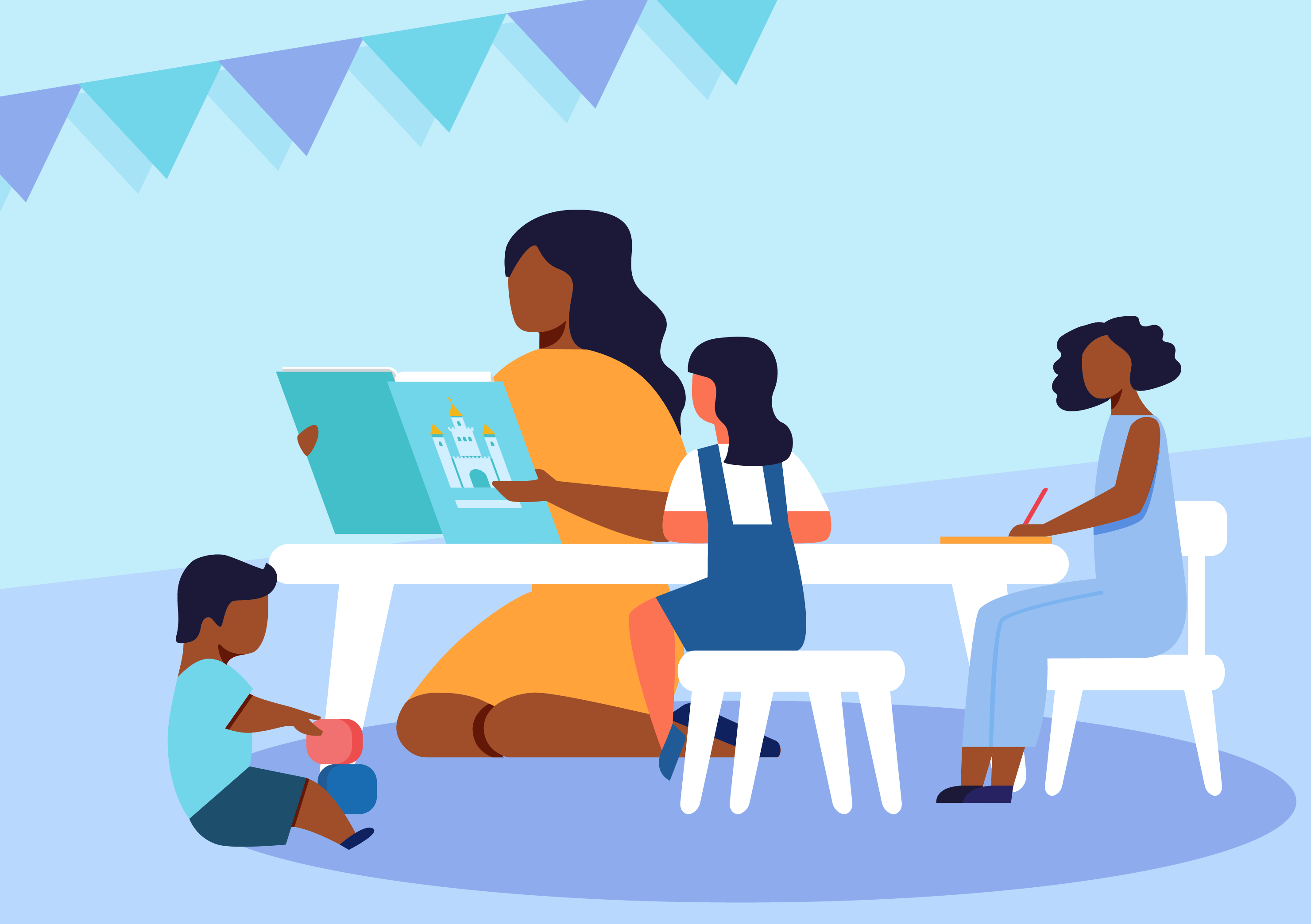 A vector graphic of a teacher readinga book to children