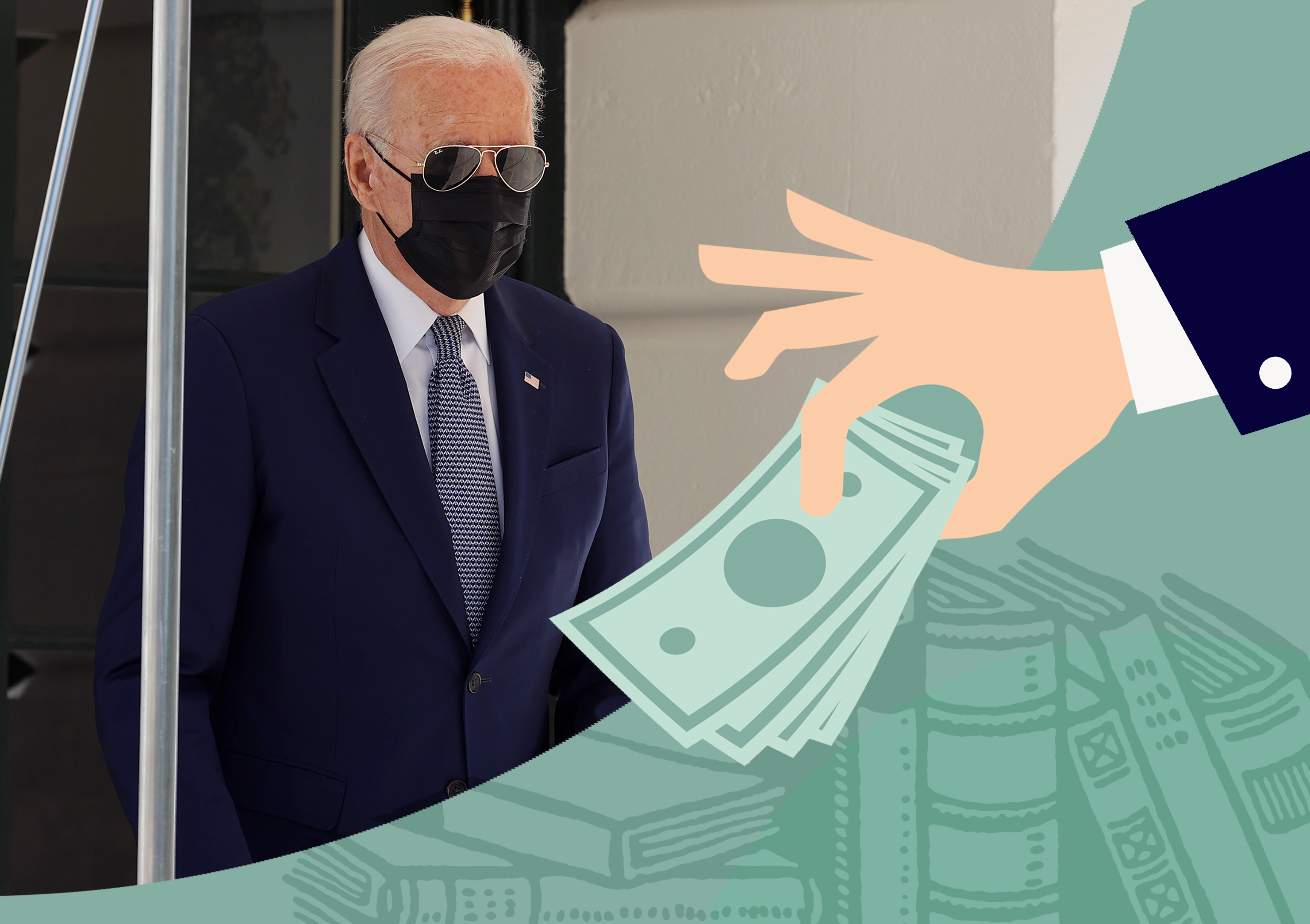 Photograph of Biden with a kn95 mask, and a graphic of a hand with money
