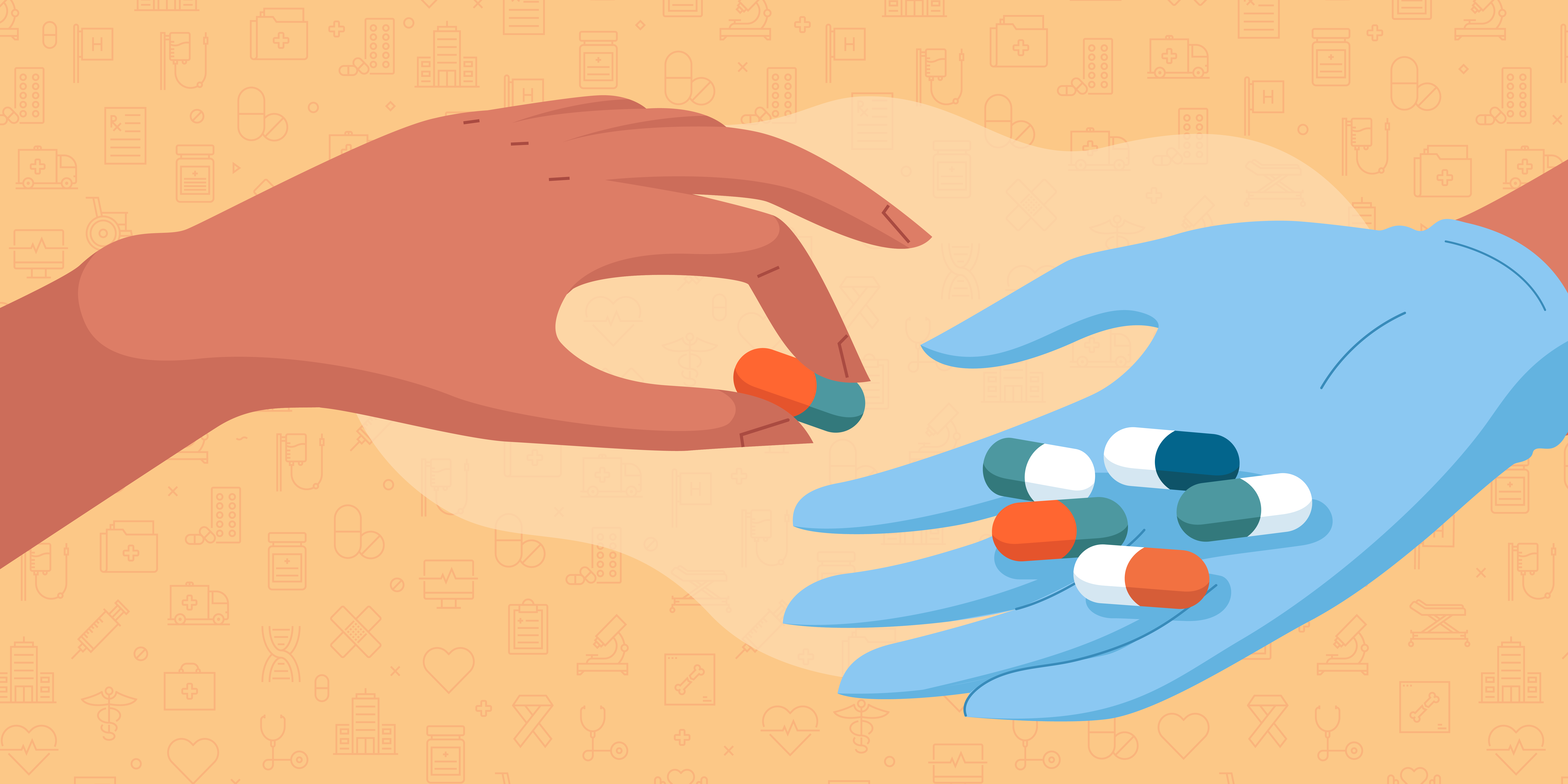 A graphic illustration of a hand placing a capsule into the hands of another person