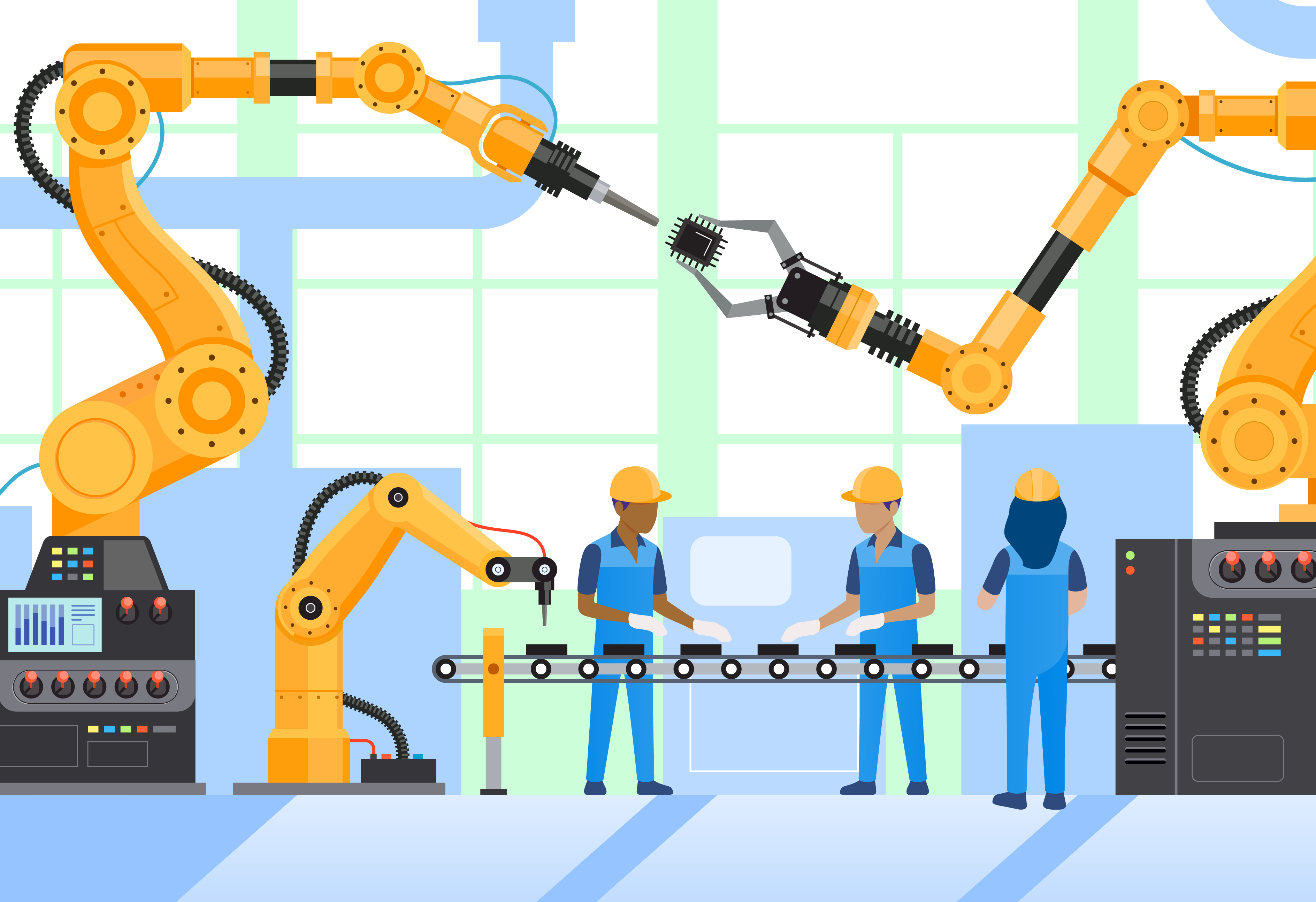 A vector illustration of a automated factory with robots