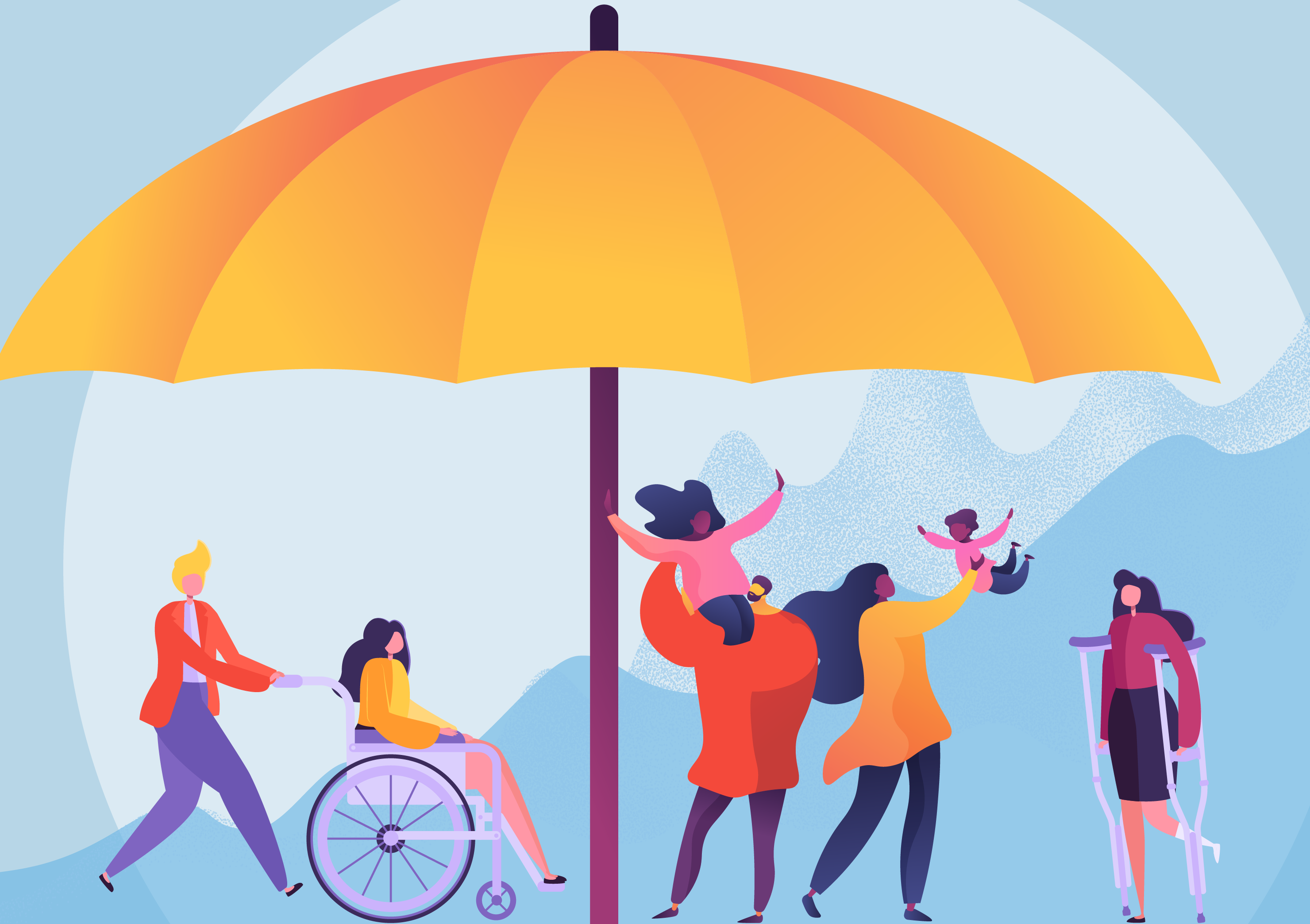 A graphic illustration of people under an umbrella