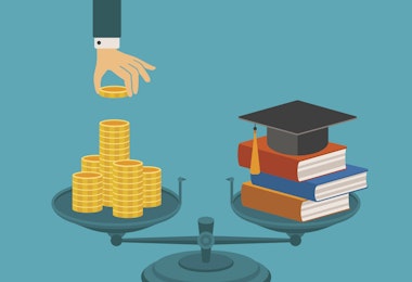 Vector concept of investment in education with coins books and scales