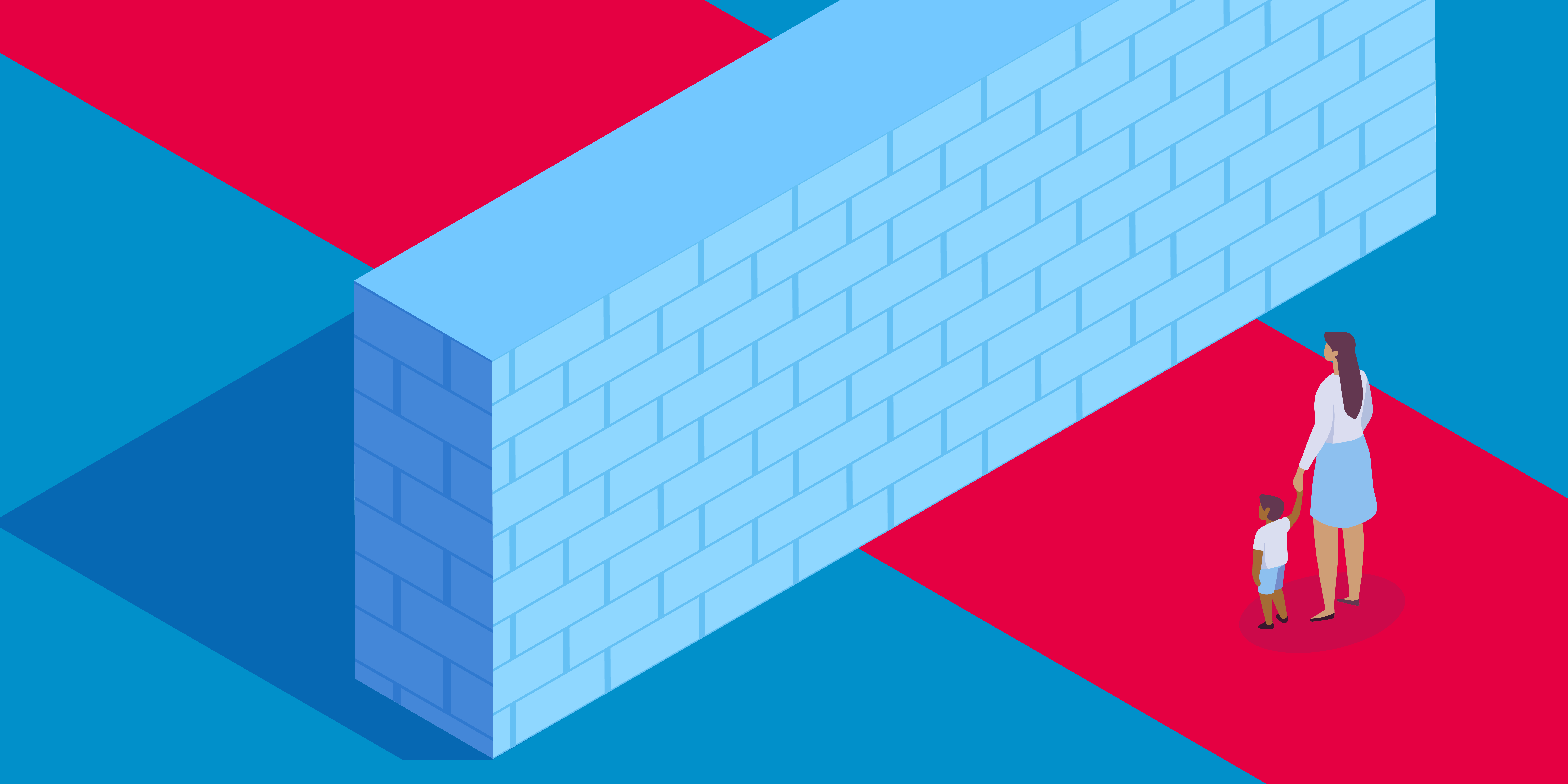 A blue brick wall with a mother and child on a red path