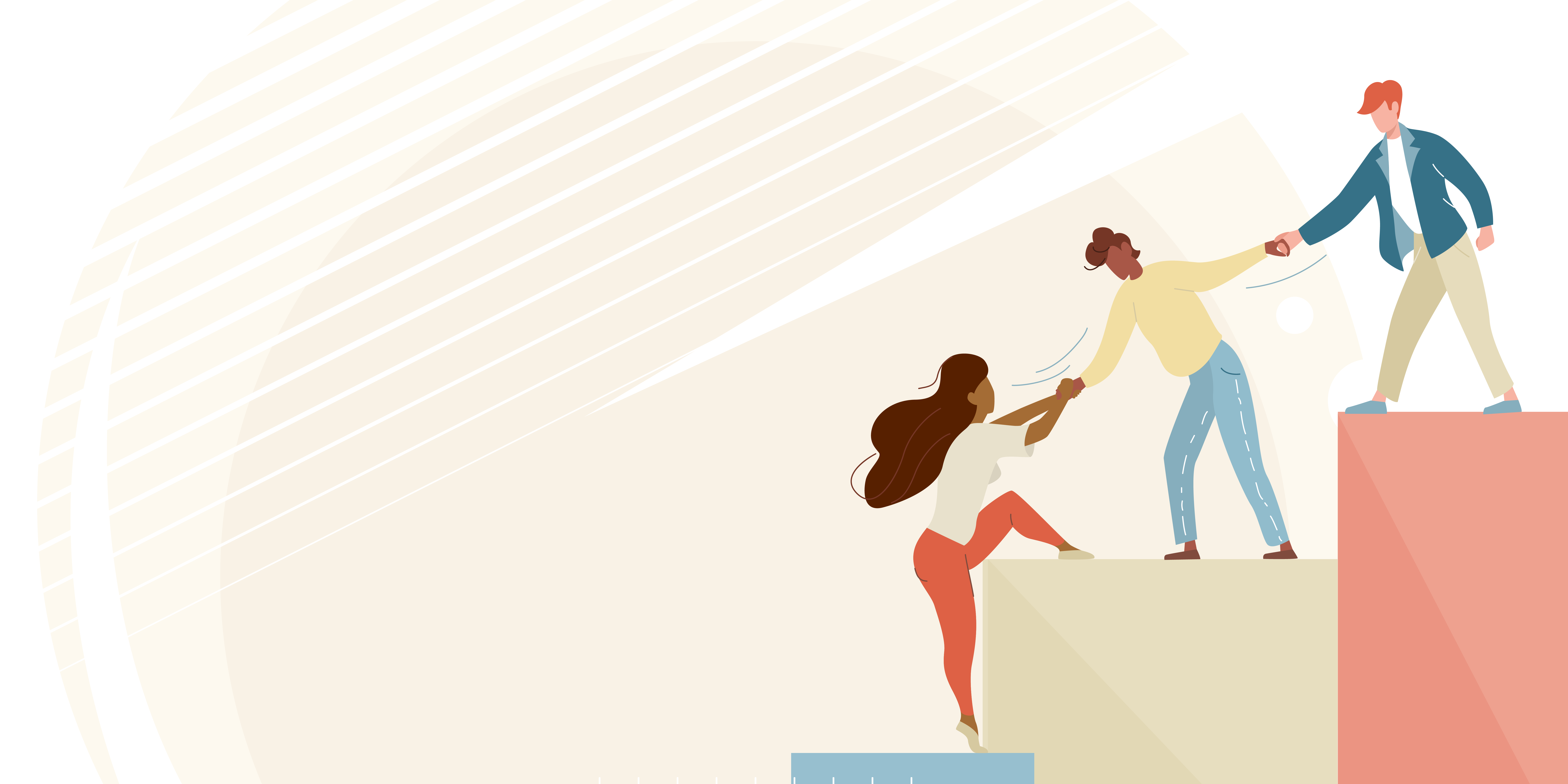 A graphic illustration of people pulling each other up a staircase