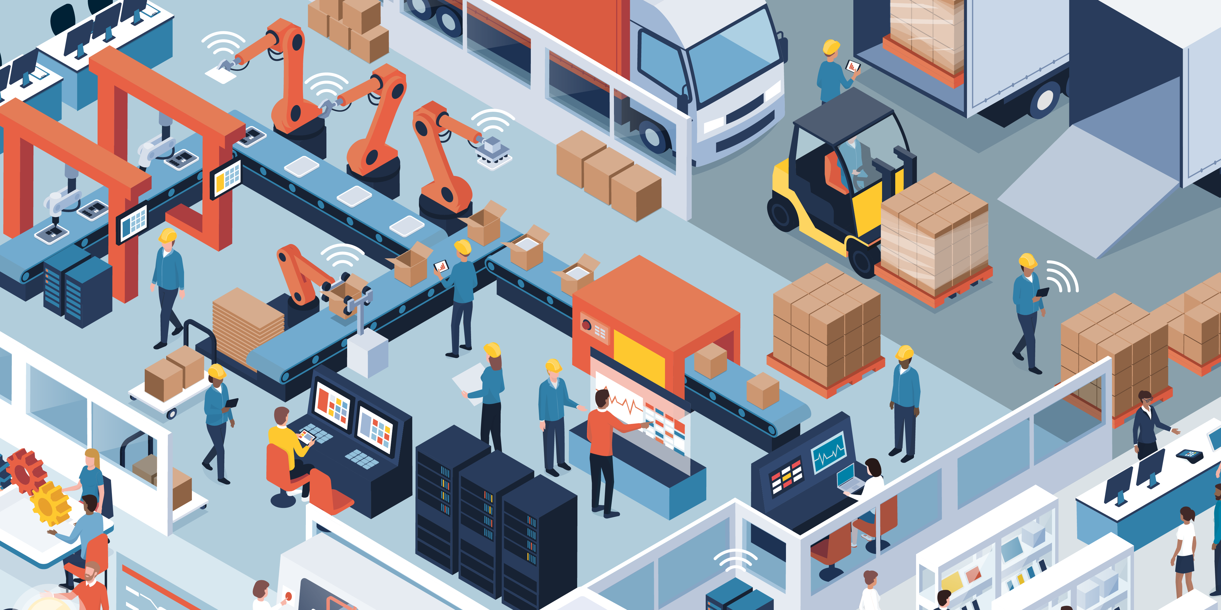 A vector graphic of a factory warehouse