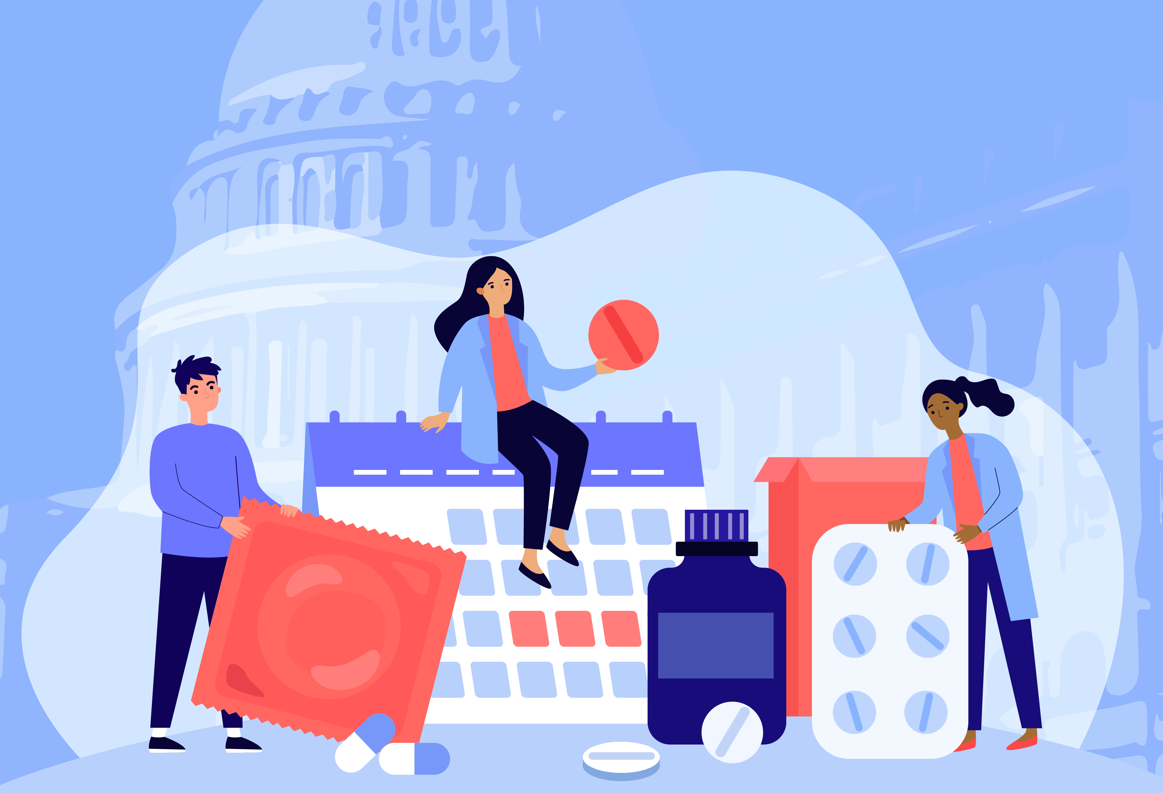 Vector graphic of people oriented around imagery of sexual education