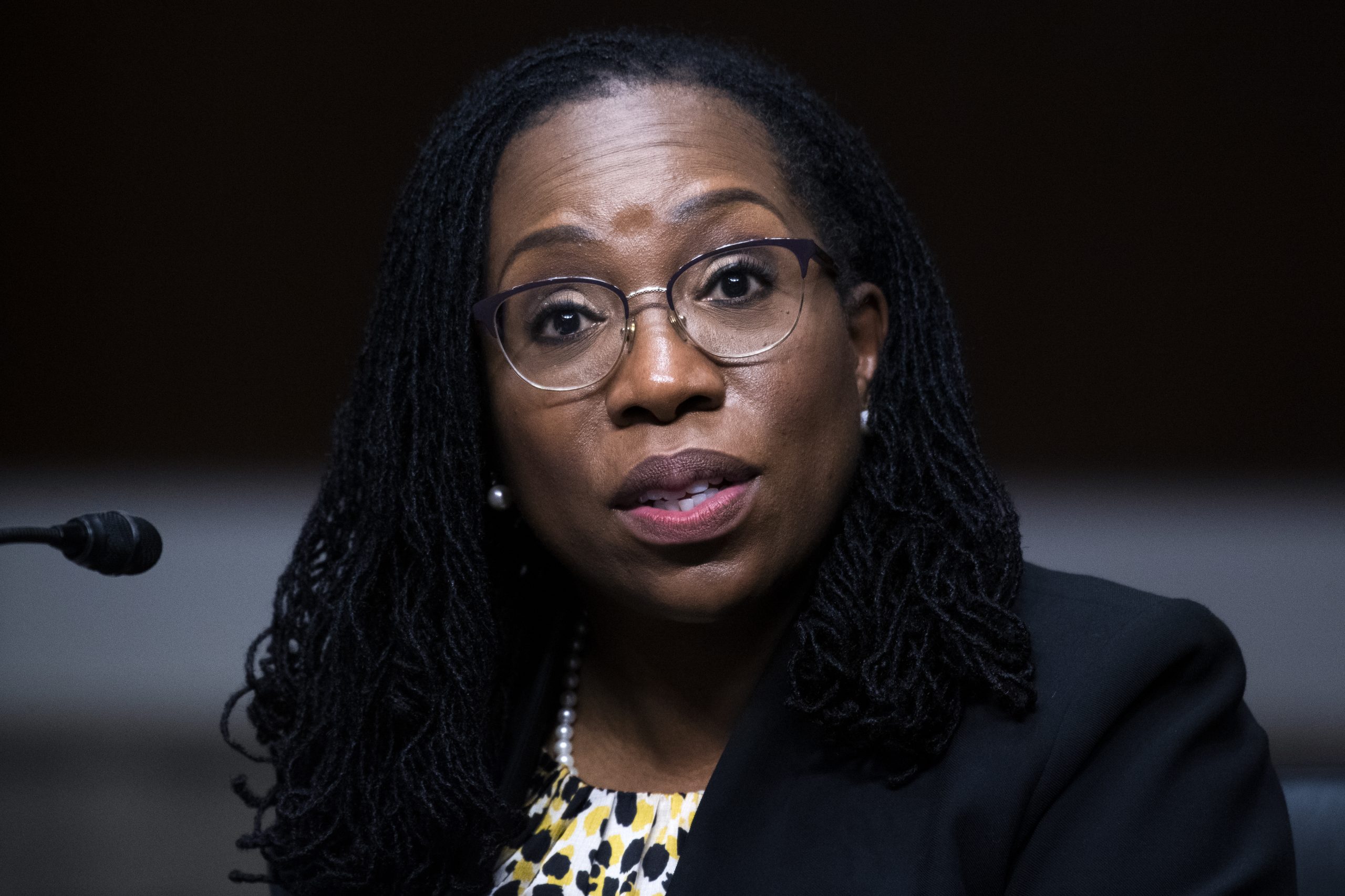 WASHINGTON, DC - APRIL 28: Ketanji Brown Jackson, nominee to be U.S. Circuit Judge for the District of Columbia Circuit, testifies during her Senate Judiciary Committee confirmation hearing in Dirksen Senate Office Building on April 28, 2021 in Washington, DC. Ketanji Brown Jackson, nominee to be U.S. Circuit Judge for the District of Columbia Circuit, and Candace Jackson-Akiwumi, nominee to be U.S. Circuit Judge for the Seventh Circuit, testified on the first panel. (Photo By Tom Williams-Pool/Getty Images)