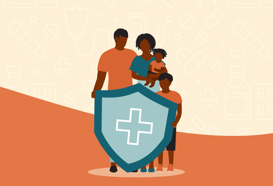 A vector image of a family in front of a red cross shield.