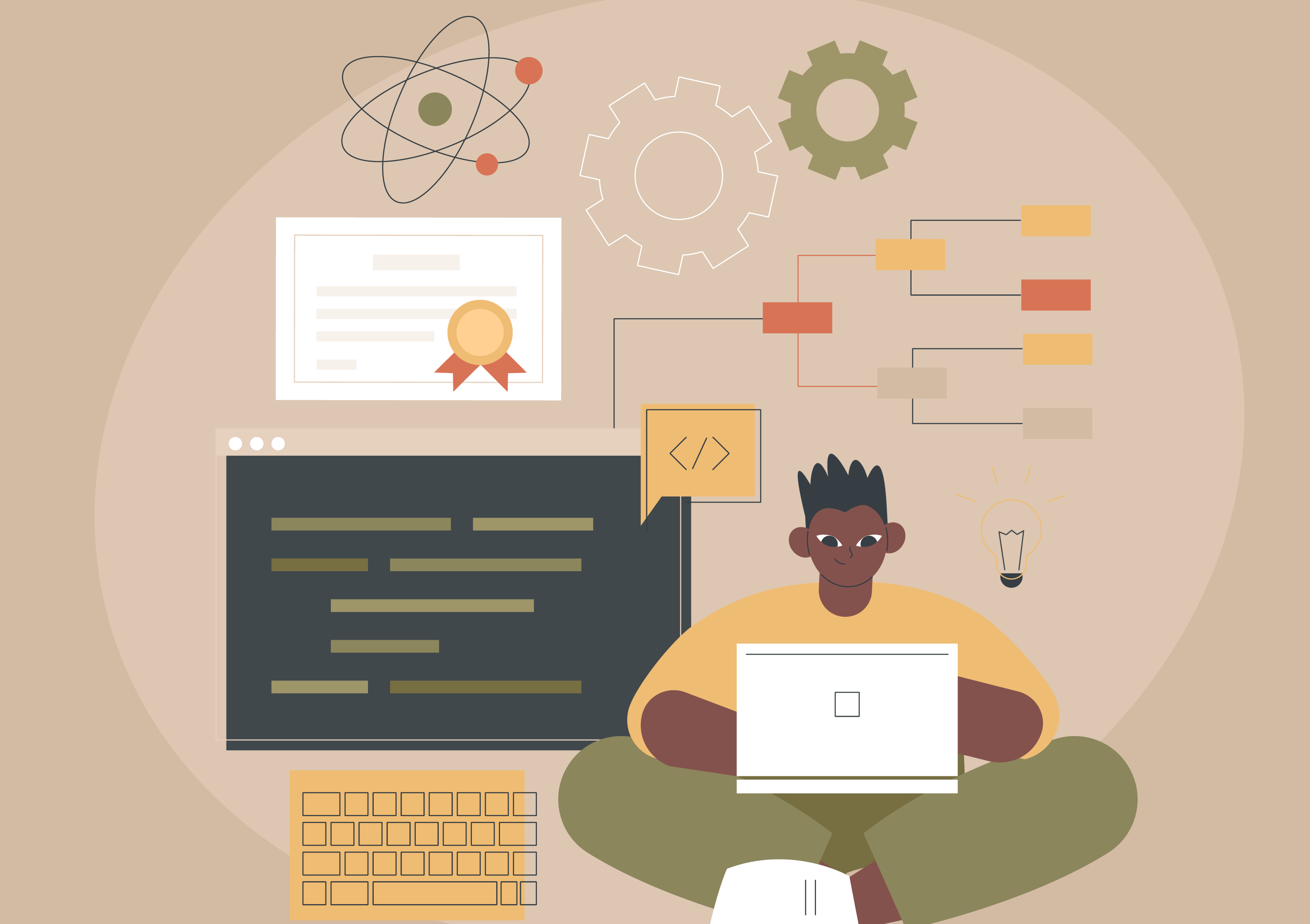 a vector illustration of a boy sitting on his computer while studing for his degree in STEM