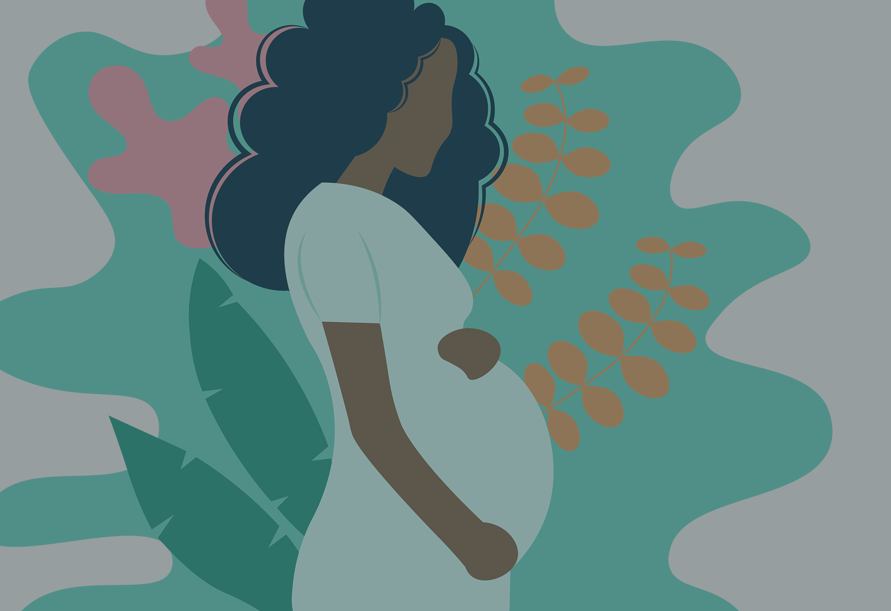 a pregnant woman standing in front of a plant