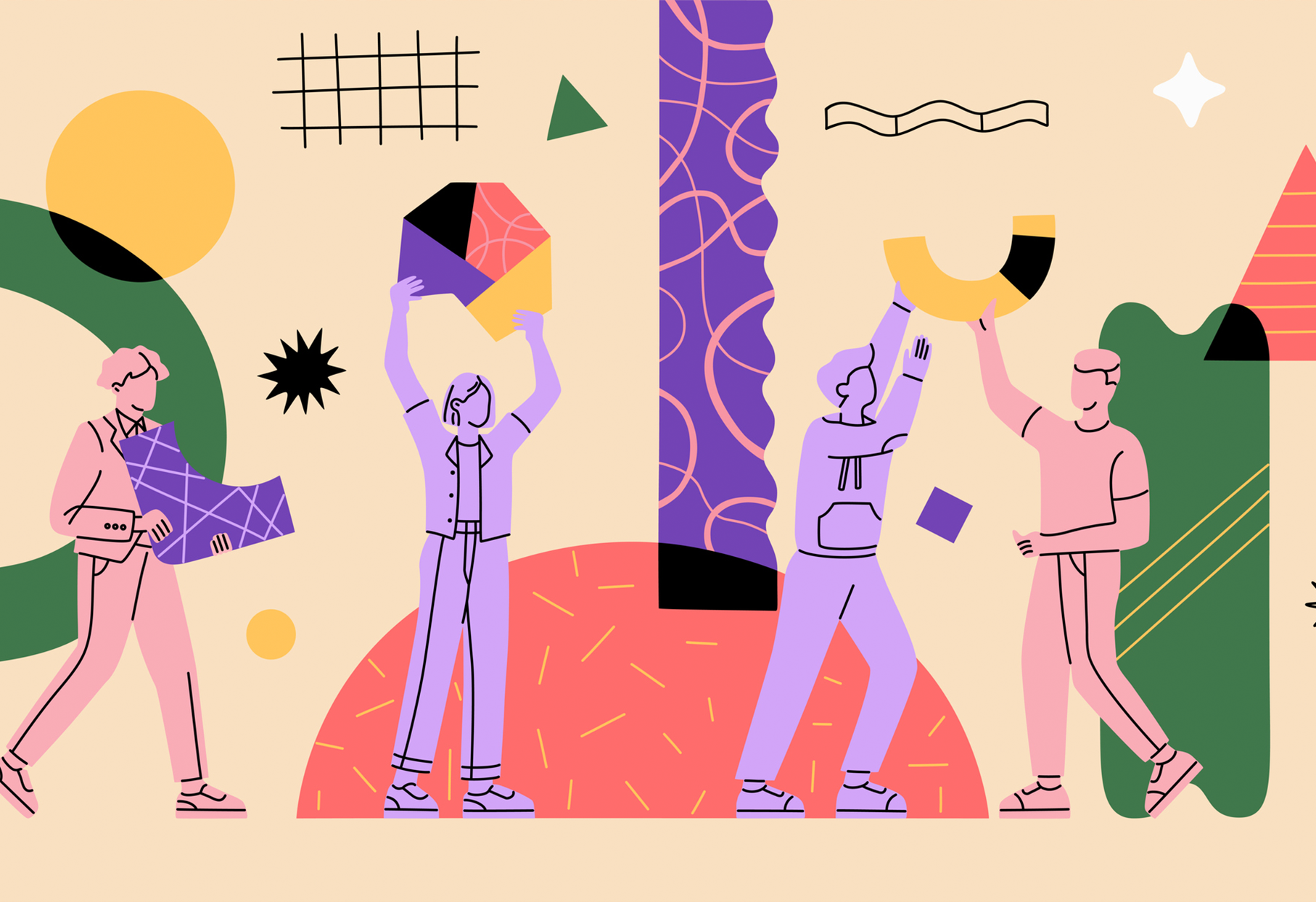 A cector illustration of people holding of geometrical shapes