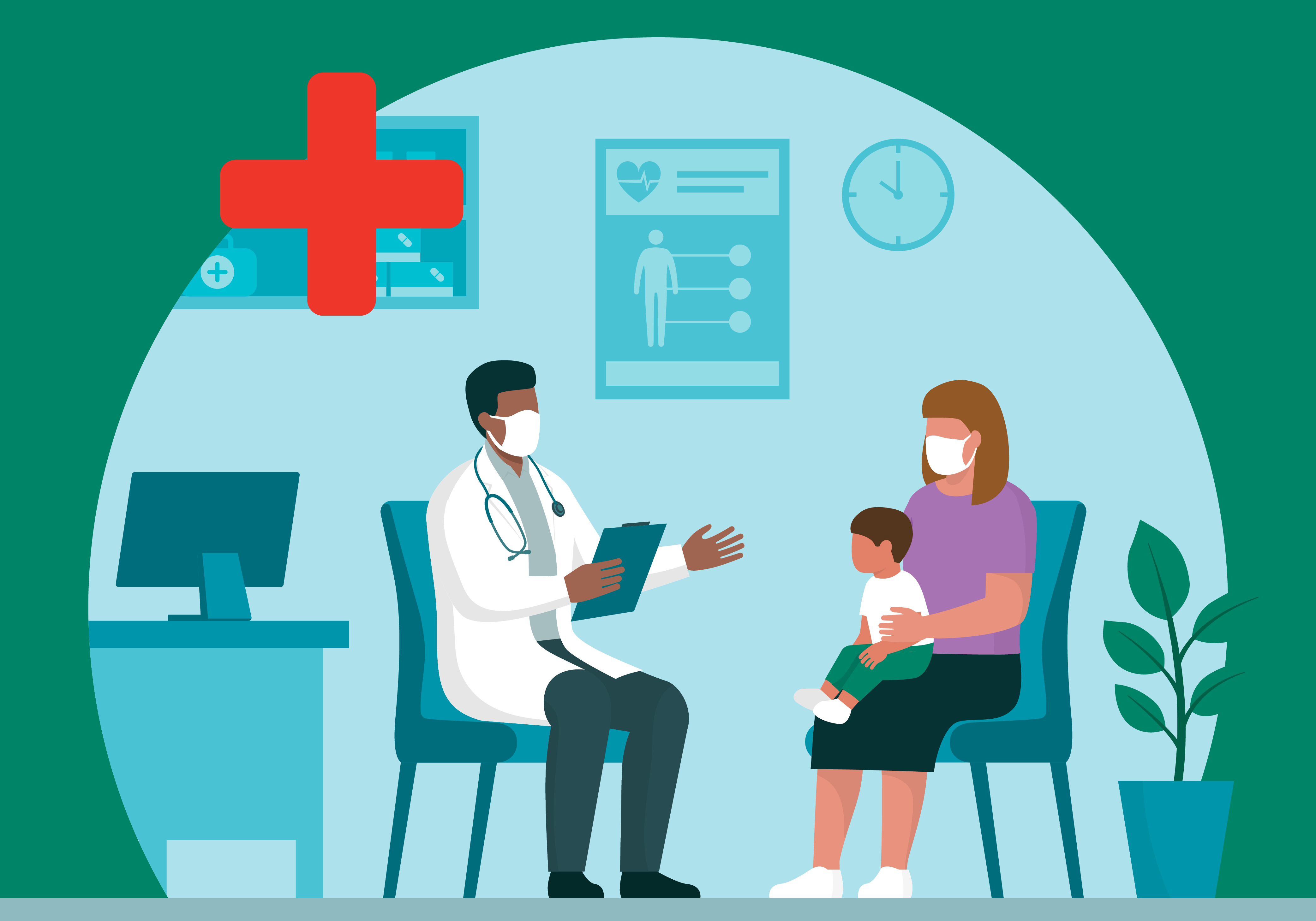 A vector illustration of a doctor in conversation with a mother and child in a doctors office..