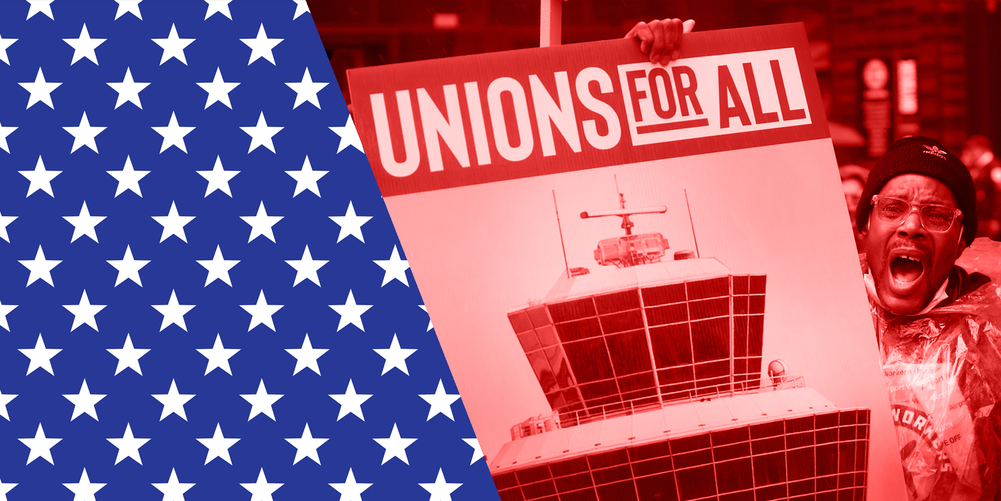 A lady holding signage with the text Unions for all.