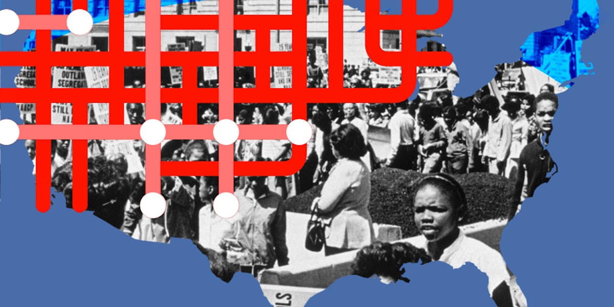 The shape of the united states with filled imagery of a segregation demonstation.