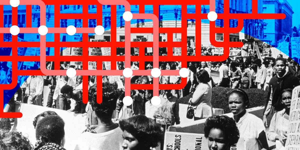 The shape of the united states with filled imagery of a segregation demonstation.