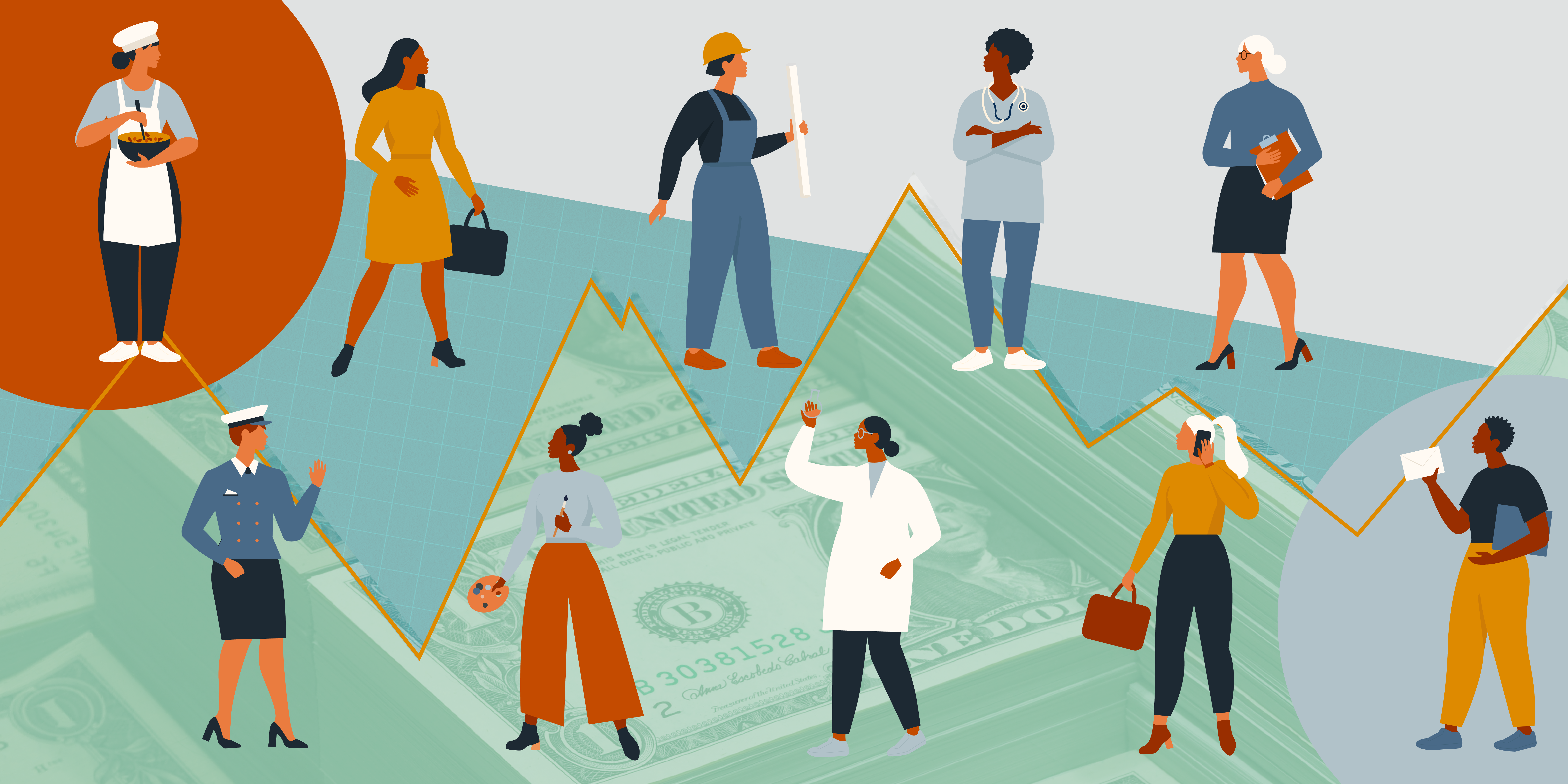 Graphic depicting women in different career positions, including a doctor, a painter, an office worker.