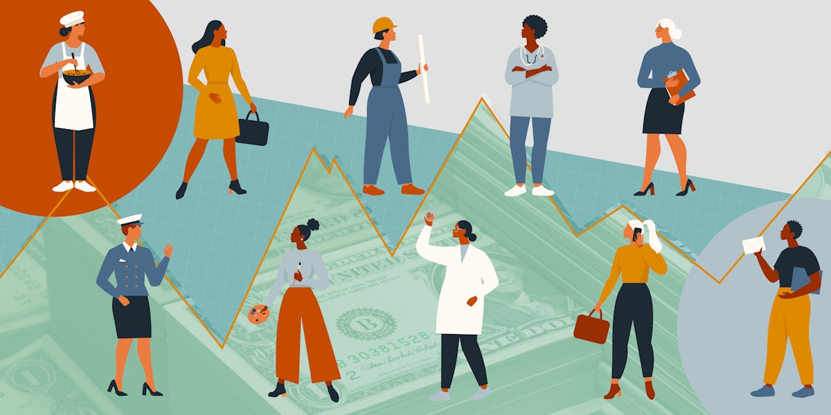 Graphic depicting women in different career positions, including a doctor, a painter, an office worker.