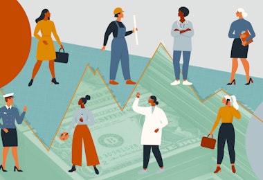 Graphic depicting women in different career positions, including a doctor, a painter, an office worker.