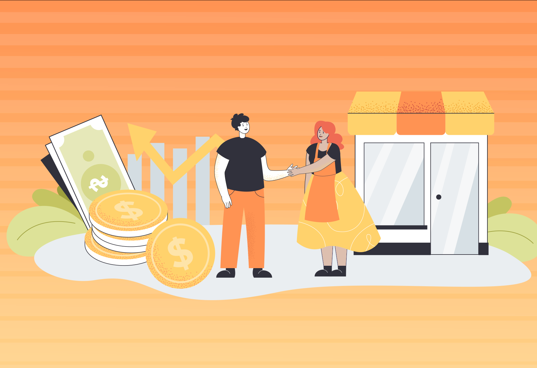 Graphic of two people standing on thestreetin front of a business.