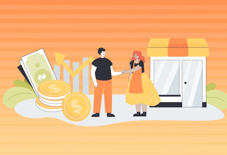 Graphic of two people standing on thestreetin front of a business.