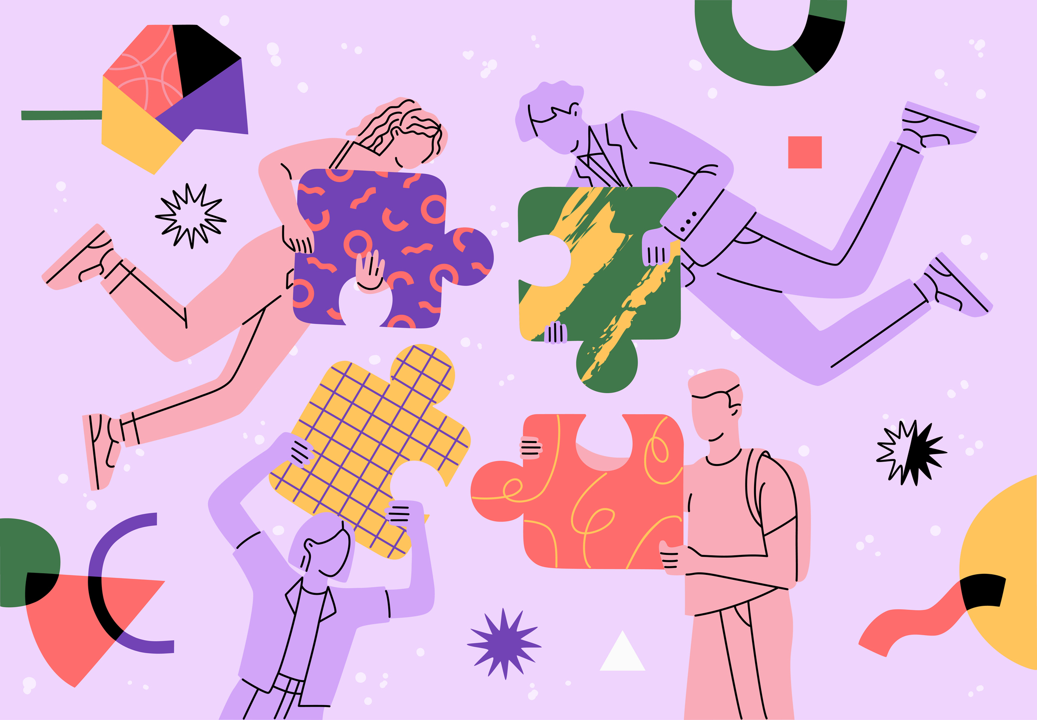 People group flying in abstract space and connecting big puzzle elements. Team building concept. Teamwork, partnership and cooperation. Hand drawn vector illustration. Modern flat cartoon style.