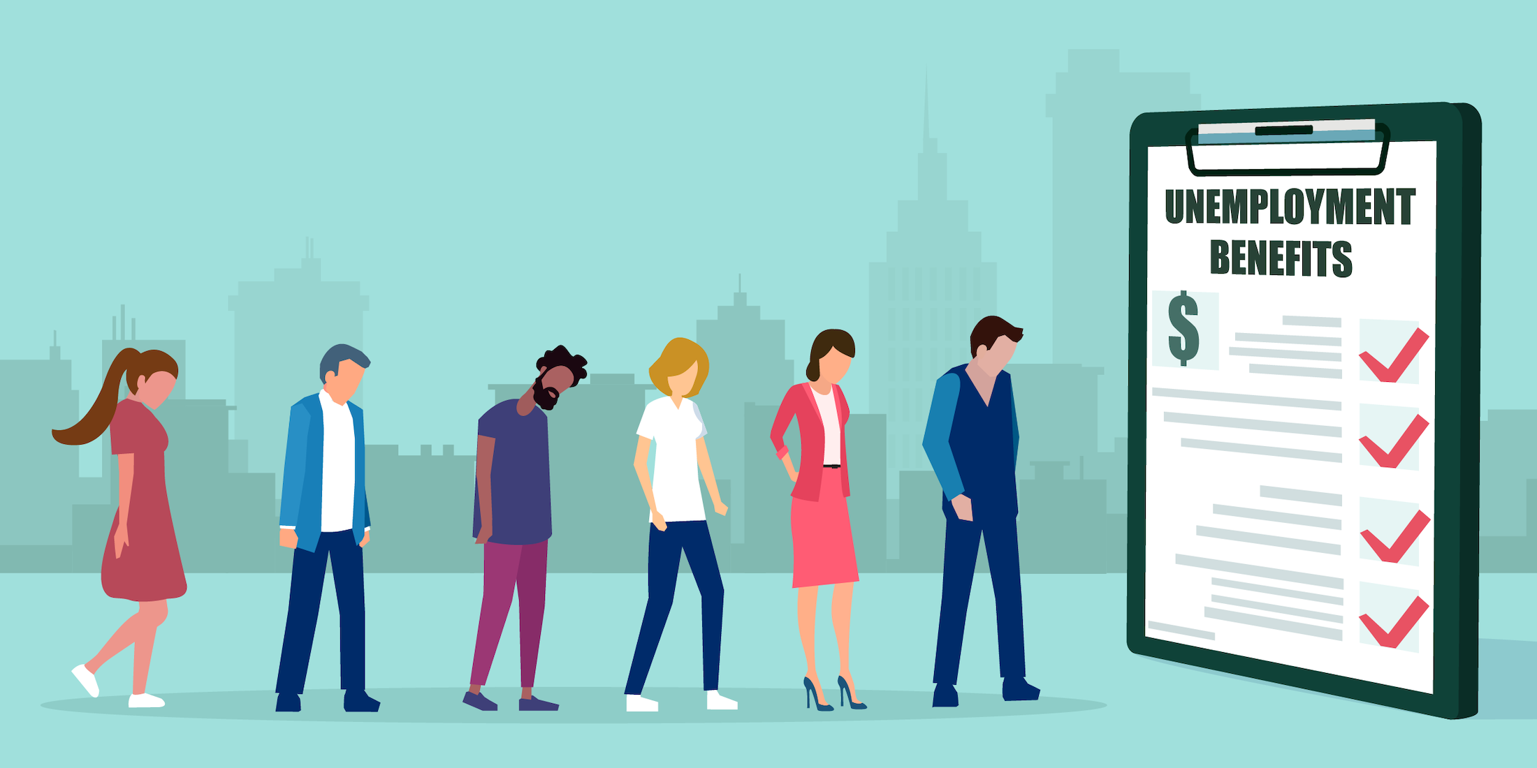 People without jobs staying in line for insurance unemployment benefits.