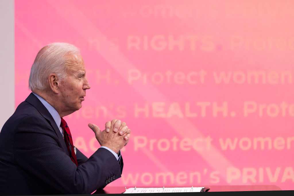 WASHINGTON, DC - JULY 01: President Joe Biden speaks with governors on protecting access to reproductive Health Care at the White House on July 01, 2022 in Washington, DC. The president is hosting governors from across the country in a virtual meeting just a week after the Supreme Court announced its decision to return the issue of abortion back to the states after nearly 50 years.  (Photo by Tasos Katopodis/Getty Images)
