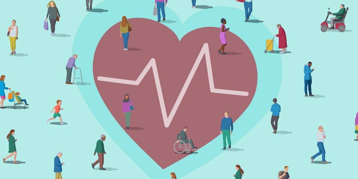 A group of people walking with a heart icon underfoot.