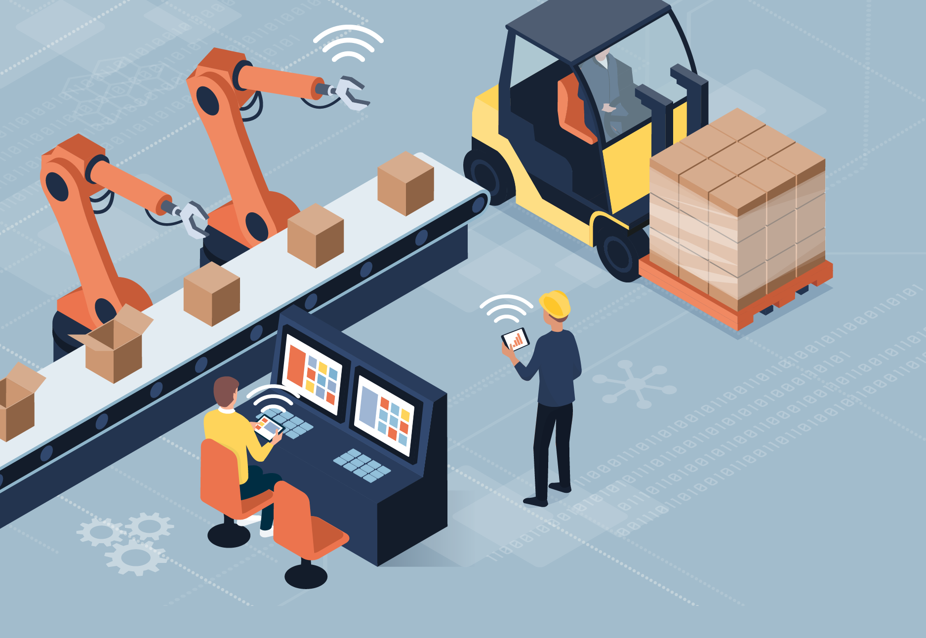 Manufacturing workers together in a factory setting.