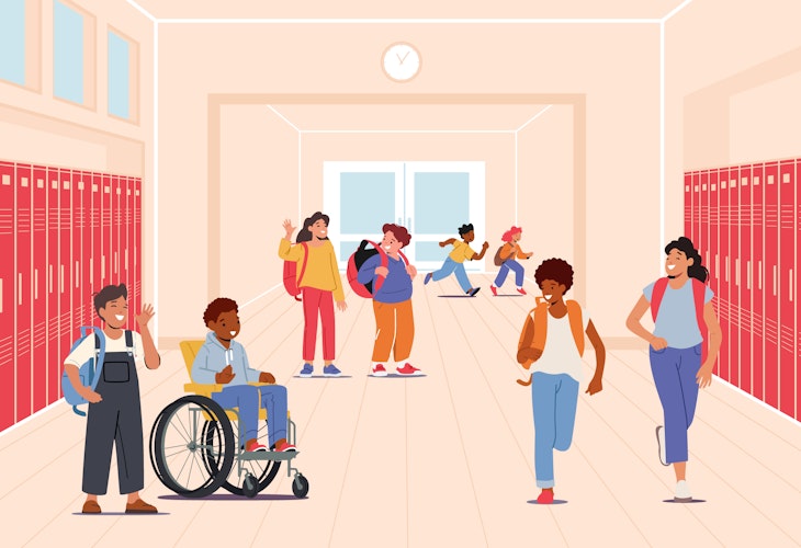 A group of children happily passing through a school hallway.