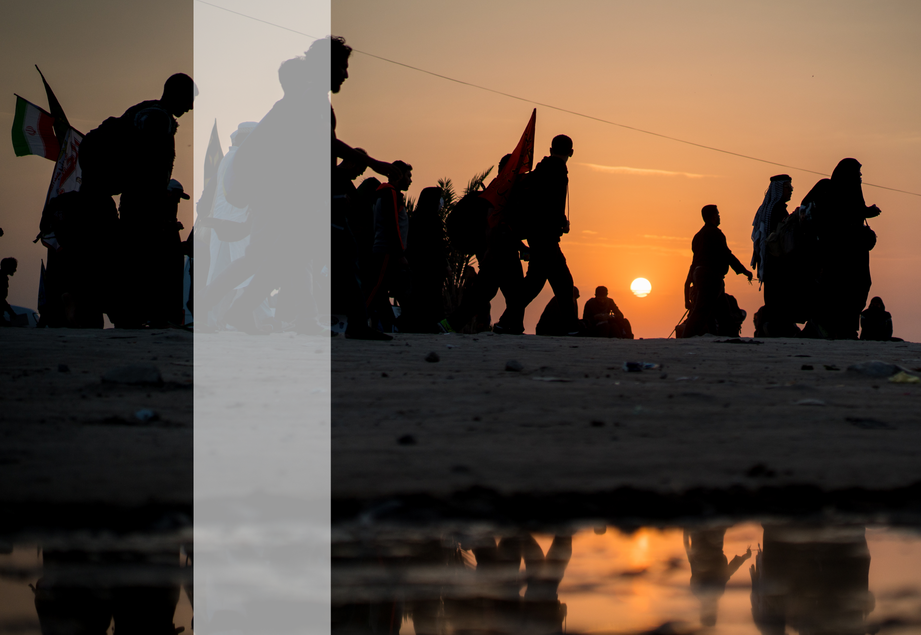 Silhouettes of crowded people walking at sunset time toward Karbala in Iraq for visiting the Holy Shrine of Imam Hussain