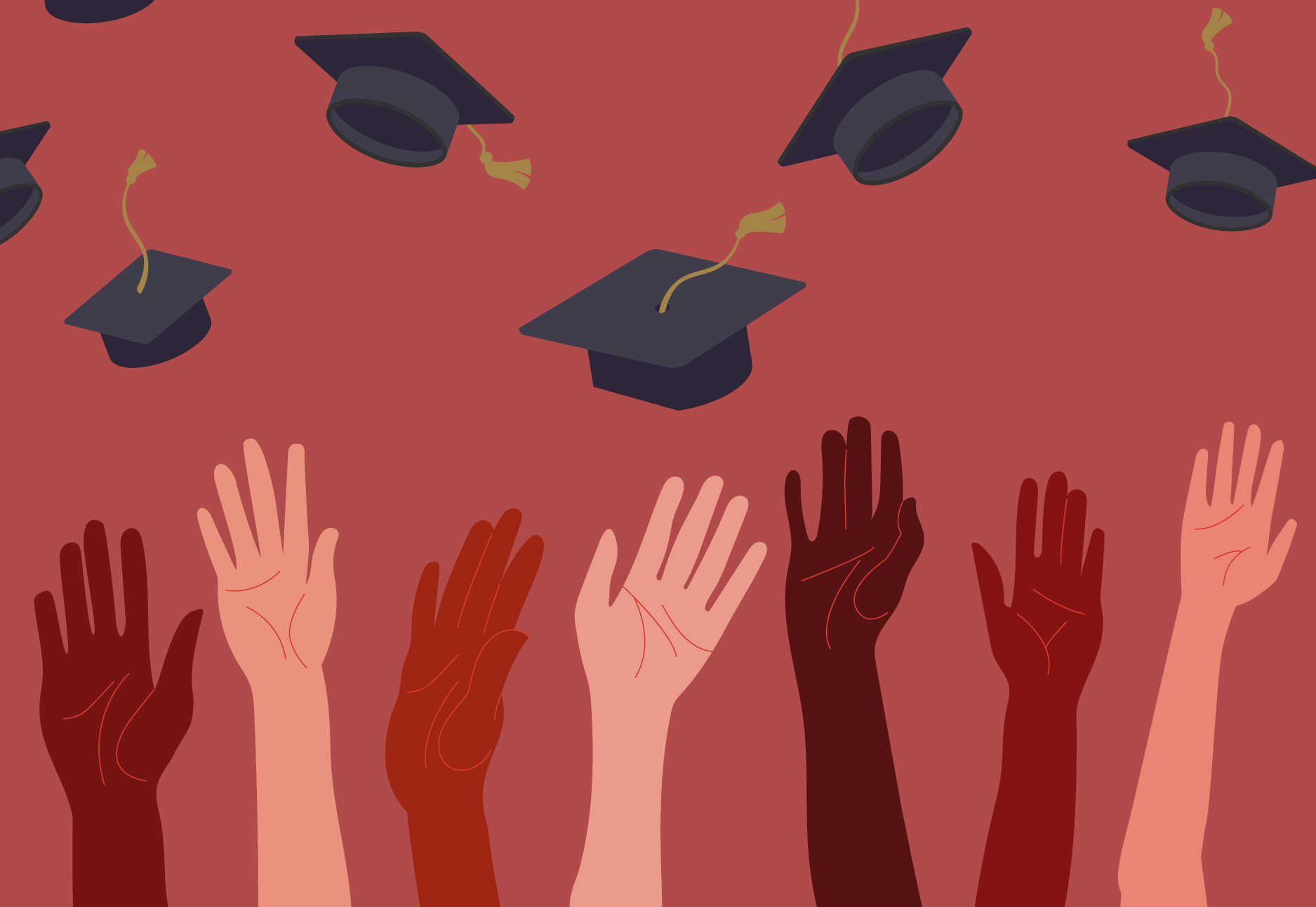 A group of hands reaching into the air for graduation caps.