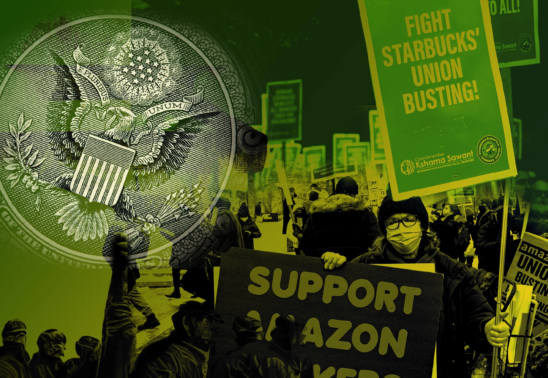 A collage image that primarily features a group of pro-union protesters.