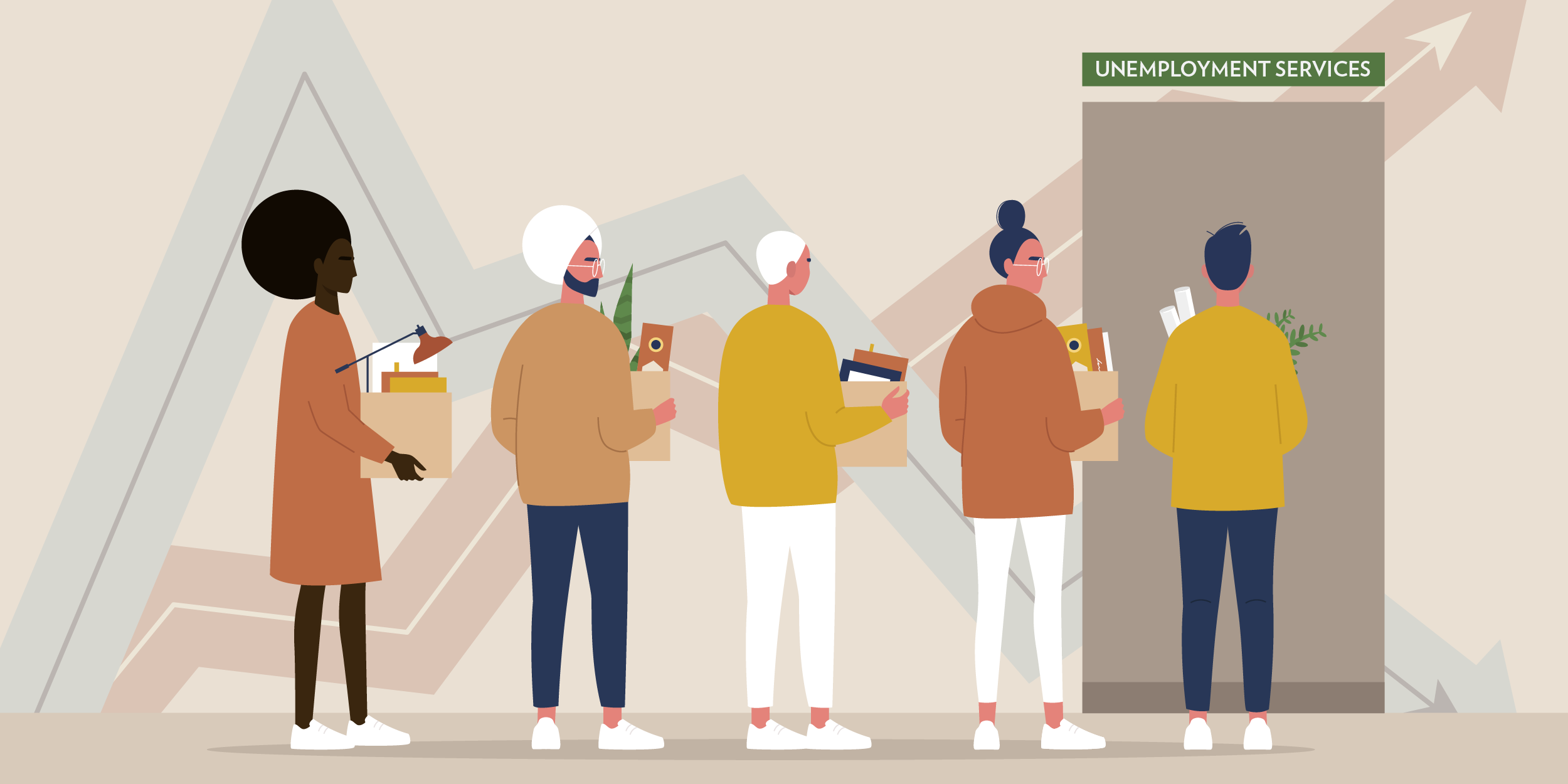 A line of people leaving the workplace.