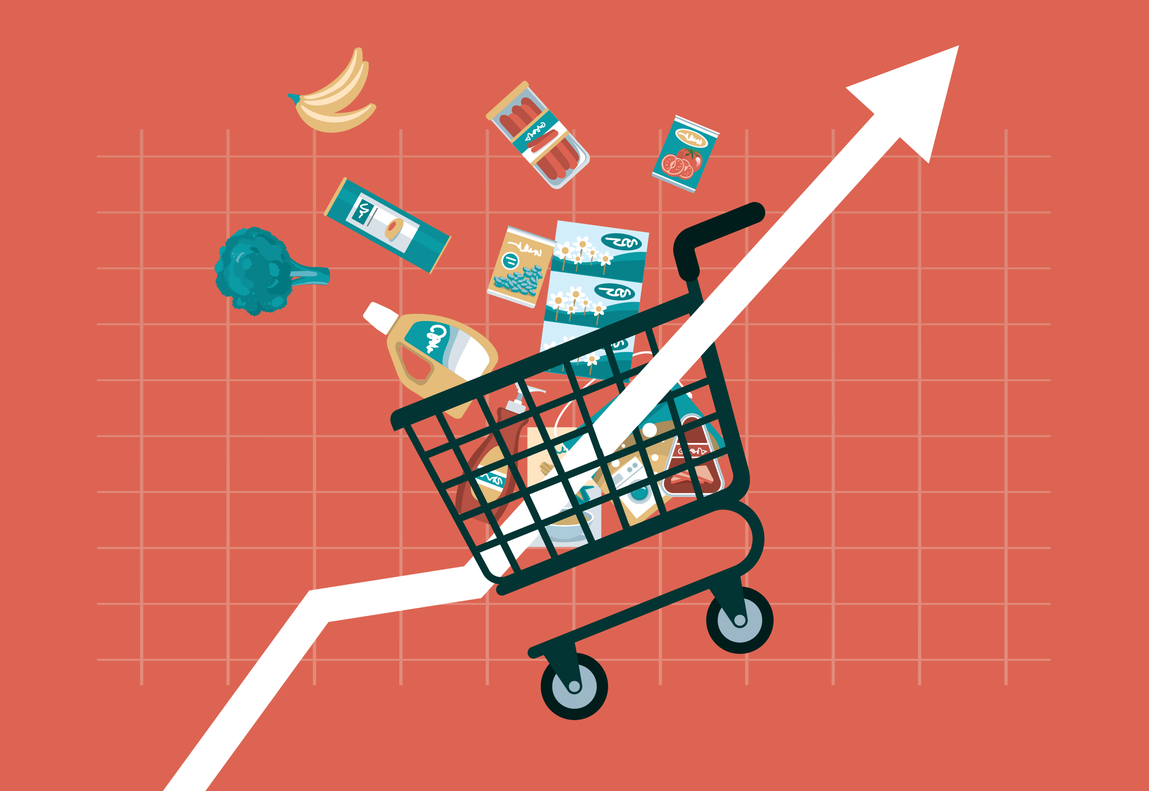 An arrow going upward through a shopping cart to symbolize rising inflation.